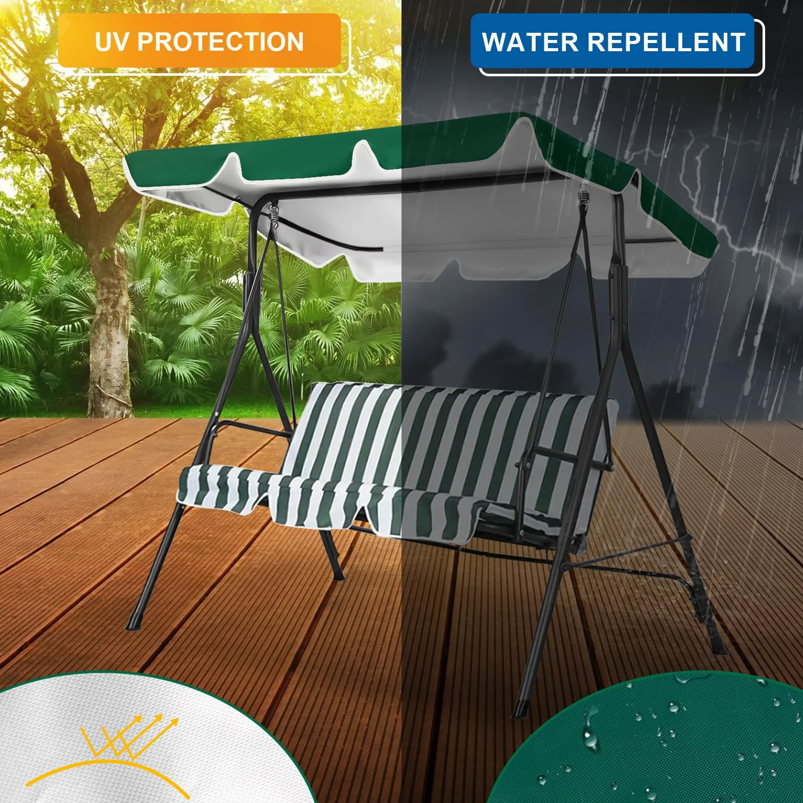 WingFly Columpio de Jardín Balancin de Jardín, Mecedora Hamaca Terraza Techo Toldo Balcón 2 y 3 Plazas, Columpio Jardín Tipo Balancín Toldo, 210 x 145 cm (Verde)