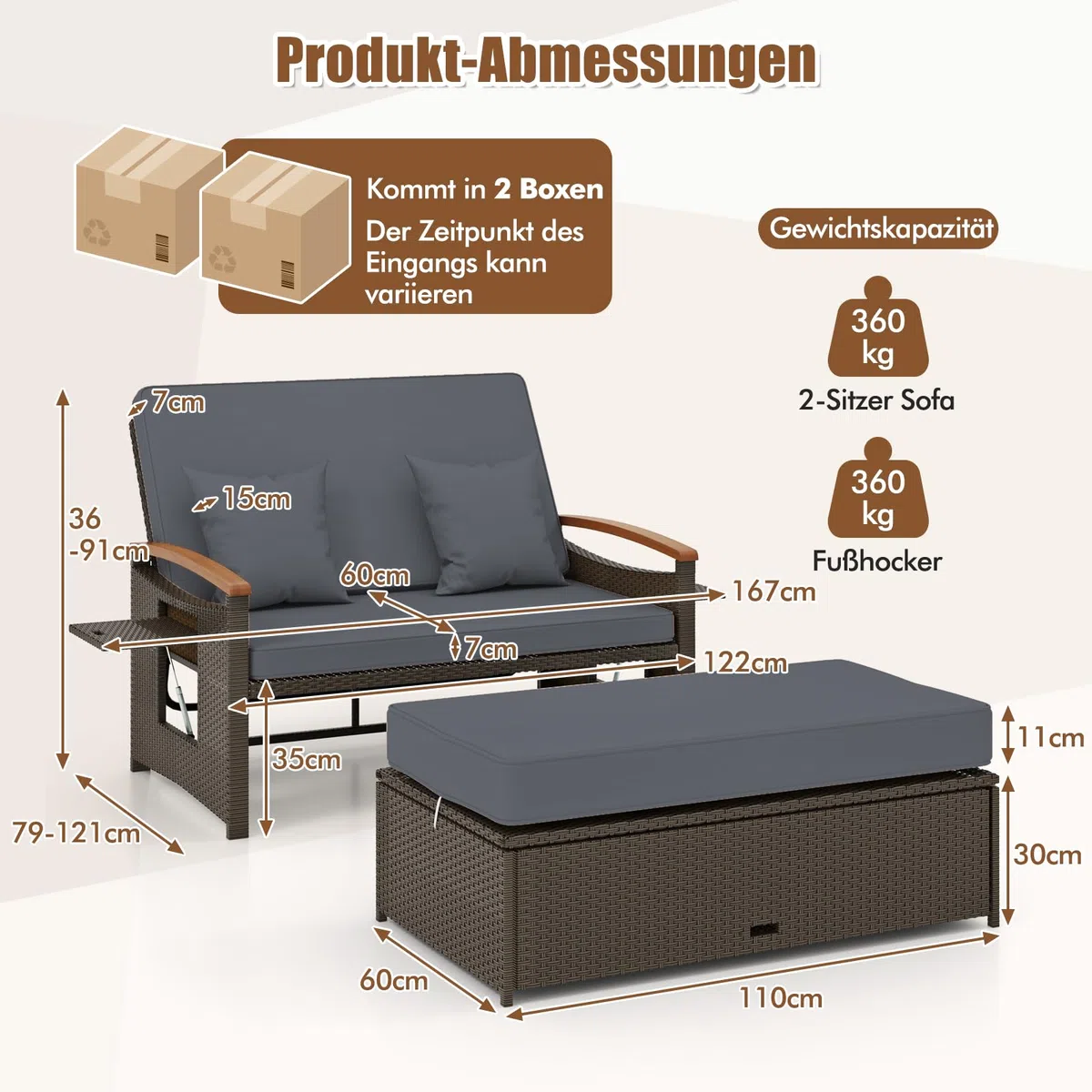 GYMAX Sofa Exterior de Ratán con Reposapiés de Almacenamiento, Conjunto Jardín de 2 Plazas con 4 Niveles y Cojines Acogedores, Bandejas Laterales Retráctiles (Gris, S)