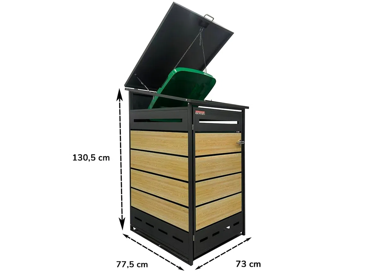 Cobertizo para Cubo de Basura D04GW1, Armario Metálico Exterior para Contenedores de 60L 120L y 240L, Cubierta Moderna con Ventilación y Apertura Superior, Antracita/Marrón, 130,5 x 77,5 x 73 cm