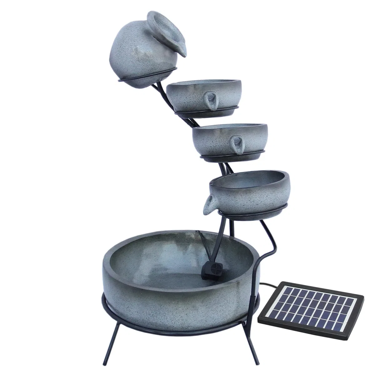 Fuente de Agua en Cascada de Jardín de 4 Niveles Energía Solar Decoración de Jardín Patio Terraza de Resina Impermeable Gris Bola Redonda Esfera Exterior Punta de Tierra para Panel Solar GRATIS