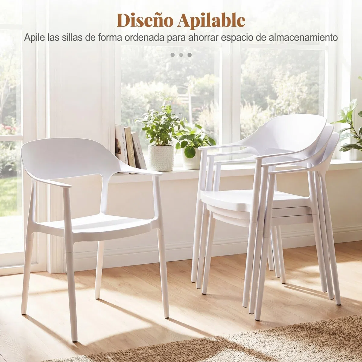 COSTWAY Silla de Cocina Pack 4 de Plástico Reciclado, Sillas de Comedor Apilables con Respaldo Curvado, Apoyabrazos y Asiento Amplio, Sillas Terraza para Exterior e Interior, Salón, Jardín (Blanco,4)
