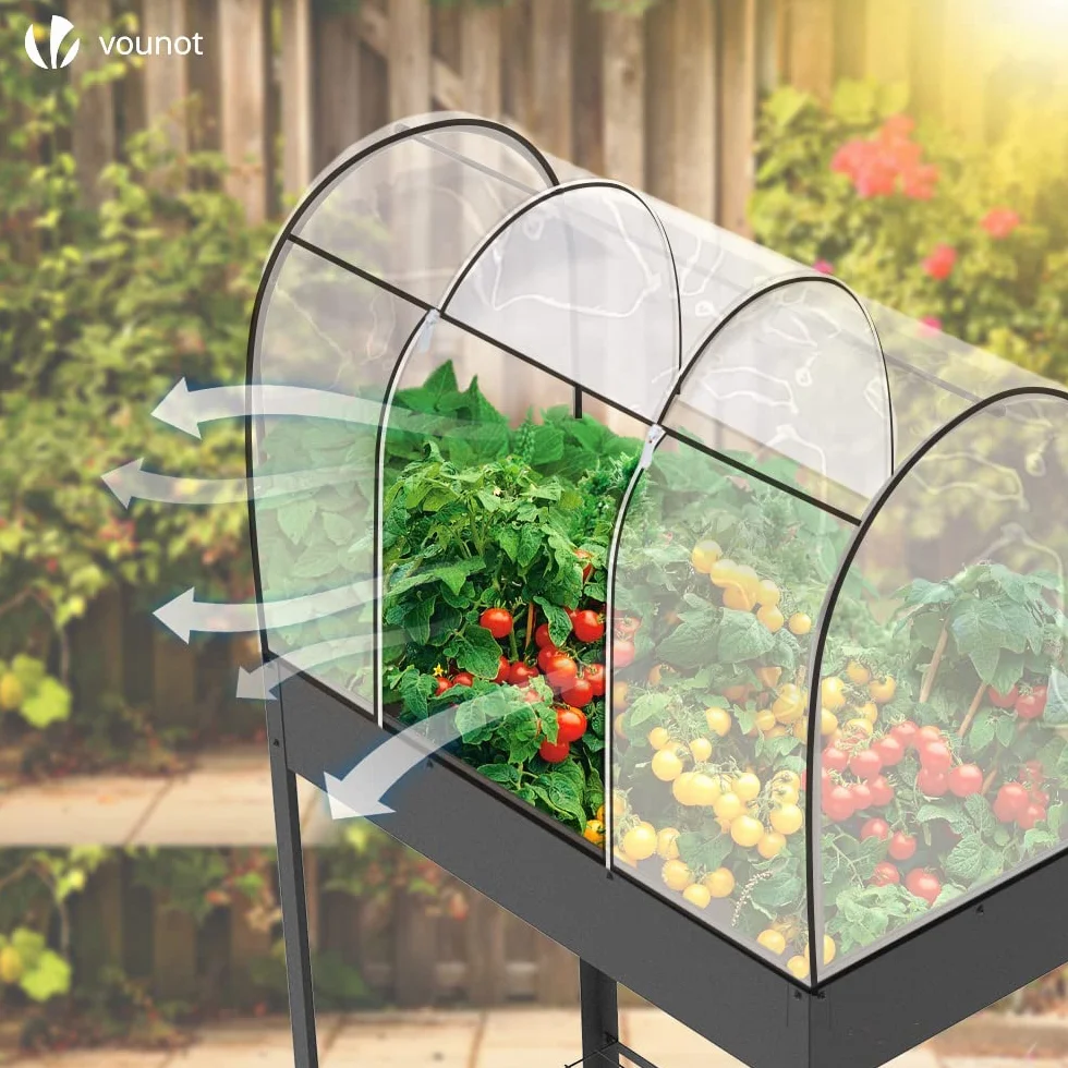 VOUNOT® Huerto Urbano Terraza Mesa de Cultivo Cubierta de Protección, Jardinera Elevada con Ruedas Asa Lateral y Estante Inferior, para Plantas Flores Verduras Jardín Interior Exterior, Negro