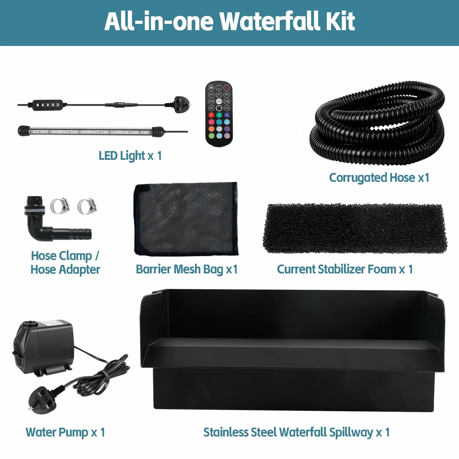 Estanque cascada Spillway de 30 cm, color negro, acero inoxidable, filtro para estanque de jardín, estanque, 30 cm, 45 W, 3000 L/H, con bomba y luz LED para juego de agua, patio, terraza, pared de