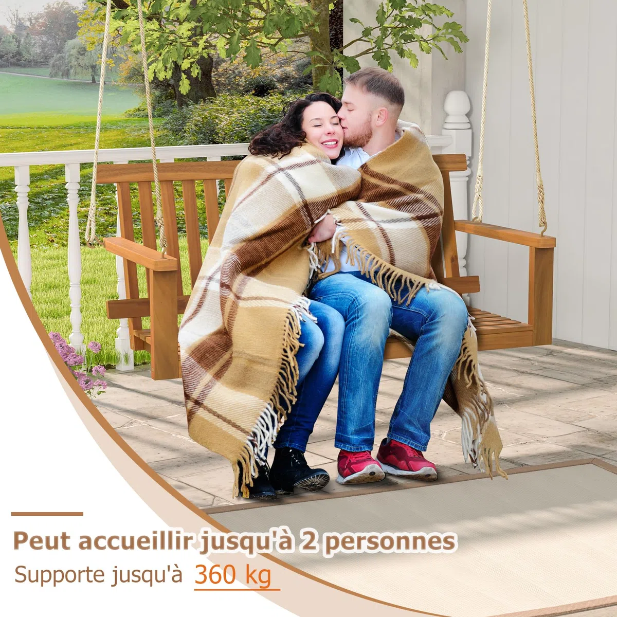 GOPLUS - Columpio de porche de 2 plazas de madera de acacia, silla colgante para 2 personas, asiento y respaldo con lamas, capacidad 360 kg, columpio para jardín, patio, 130 x 63 x 57 cm natural