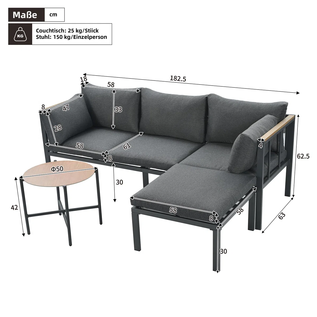 Conjunto Jardin Exterior 3 Piezas Muebles Jardin Exterior con Sofá de 3 Plazas, Banco y Mesa, Mesa y Sillas Terraza con Cómodos Cojines, Mesa y Sillas Terraza Exterior Muebles de Jardín, Gris