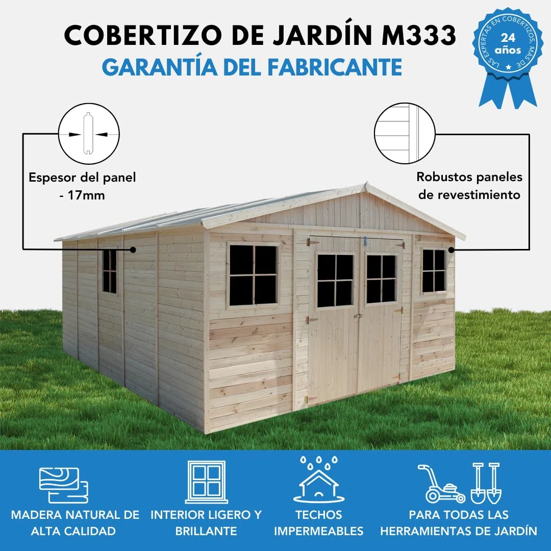 Cobertizo de Madera para jardín - A246x418x522cm/20m2 Cobertizo de Madera Natural - Taller de Jardín - Bicicleta, Almacenamiento de Herramientas TIMBELA M333