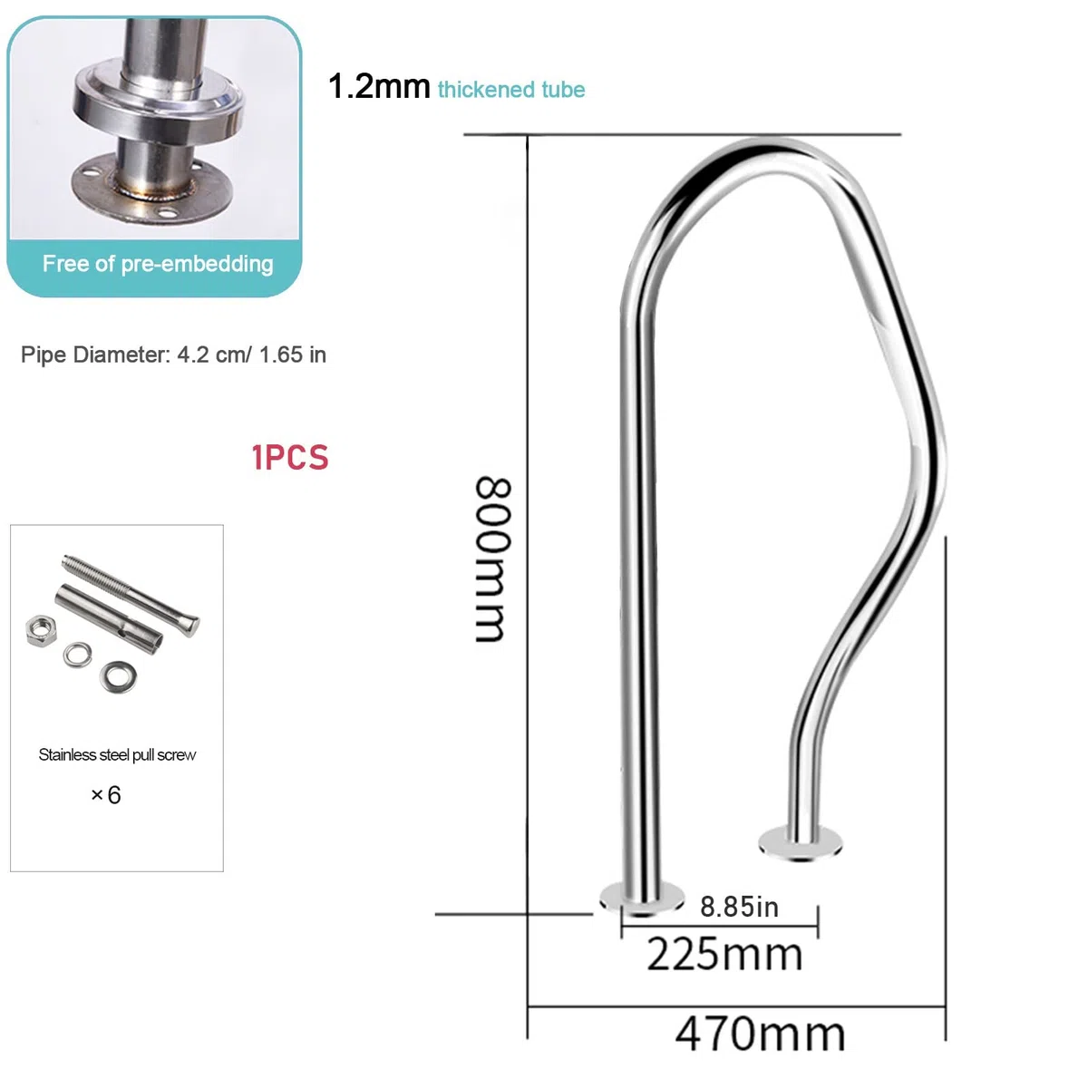 Pasamanos de Piscina 80 x 47 cm Manija de Piscina de Acero Inoxidable, Barra de Apoyo de barandilla de SPA de 3 Arcos, Pasamanos de Piscina Plateado para Piscinas Posiciones inclinadas Parqu