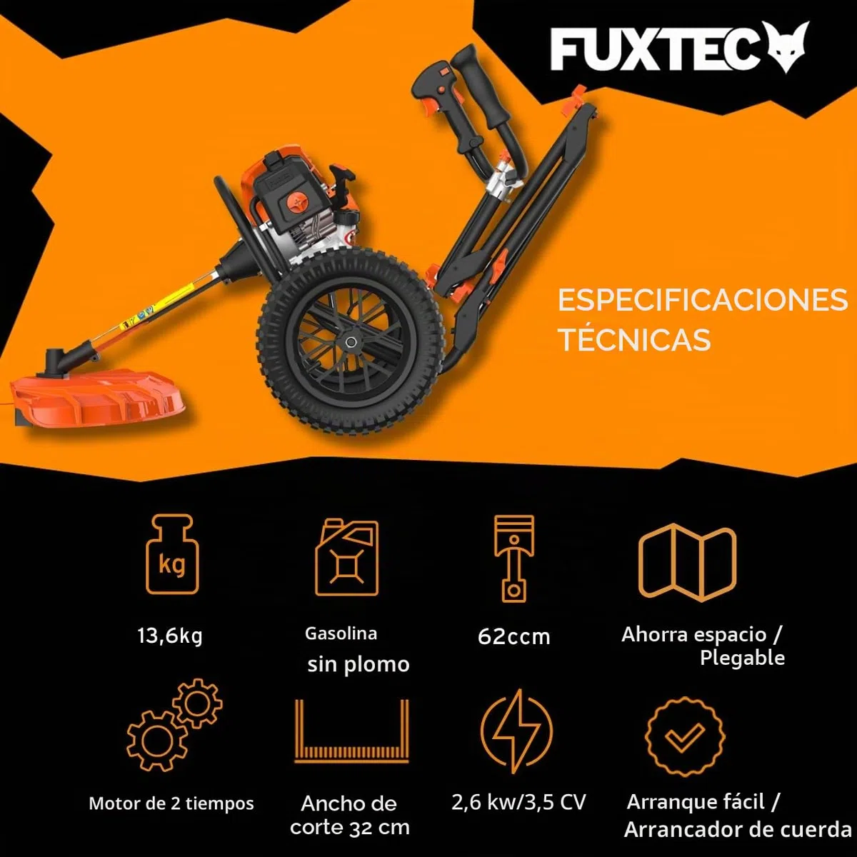 FUXTEC Desbrozadora con Ruedas de Gasolina FX-FSR152 de 52cc y con 3 CV - diseñada para Grandes Superficies y para su Espalda. Recortadora Trimmer,Motor de Gasolina de 2 Tiempos