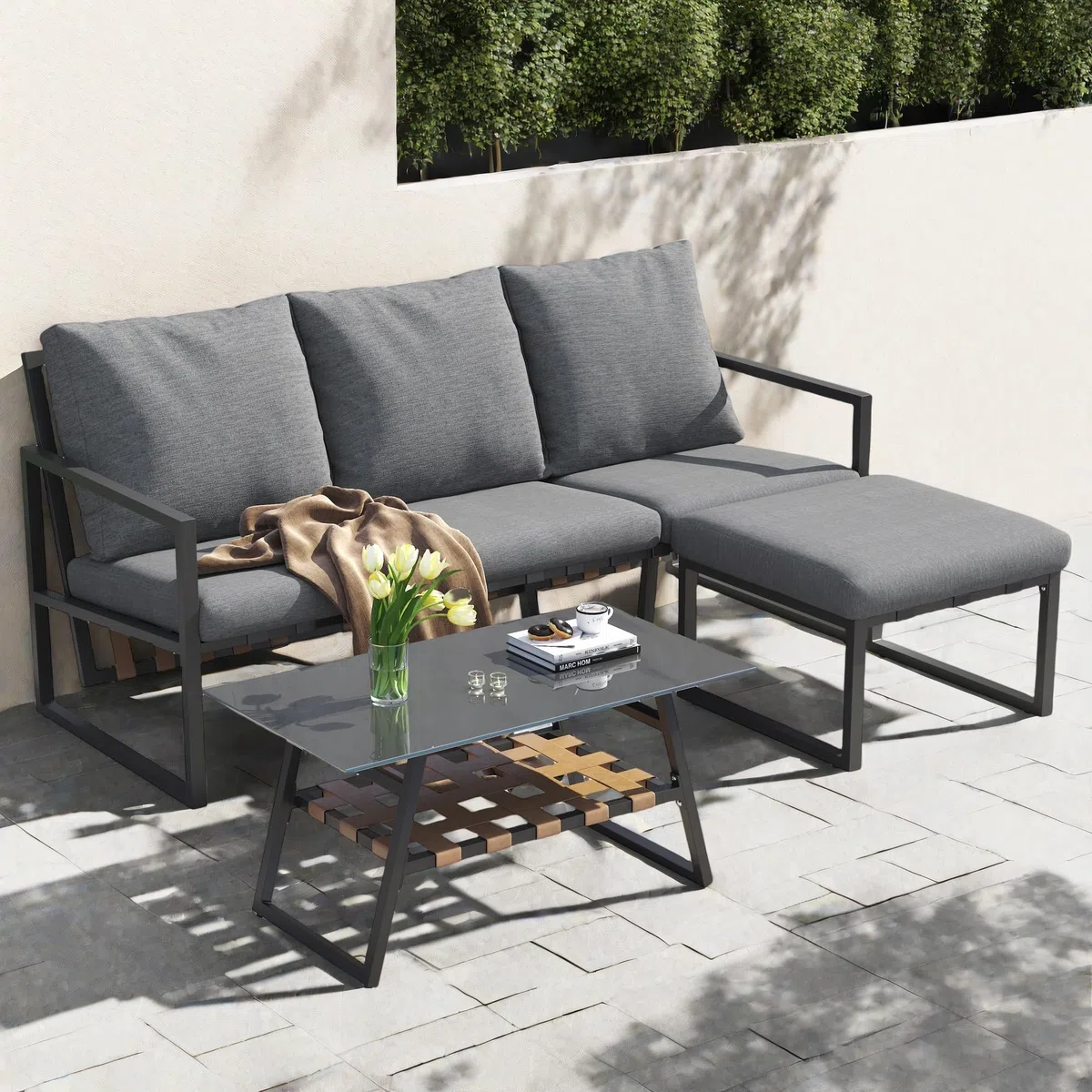 Juego de muebles de jardín, sofás para 4 personas, juego de esquina, sofá + mesa + reposapiés, tubo de acero galvanizado, tablero de cristal, sofá combinado para exteriores, gris
