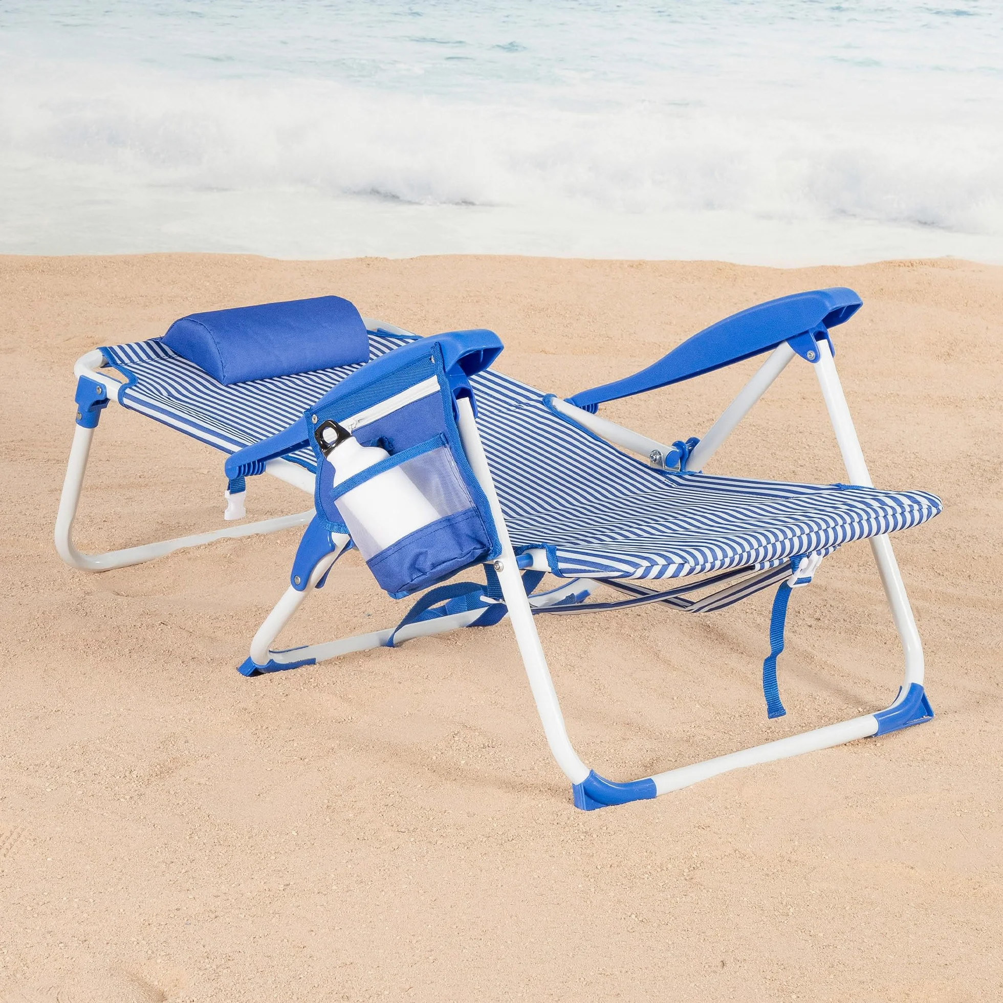 AKTIVE Silla de Playa Plegable, Azul Rayas, 48x58x76 cm, 4 Posiciones, Antivuelco, Aluminio y poliéster, Peso soportado 110 kg, Bolsillo Lateral y Trasero, Cojín, Transporte Mochila (62531)