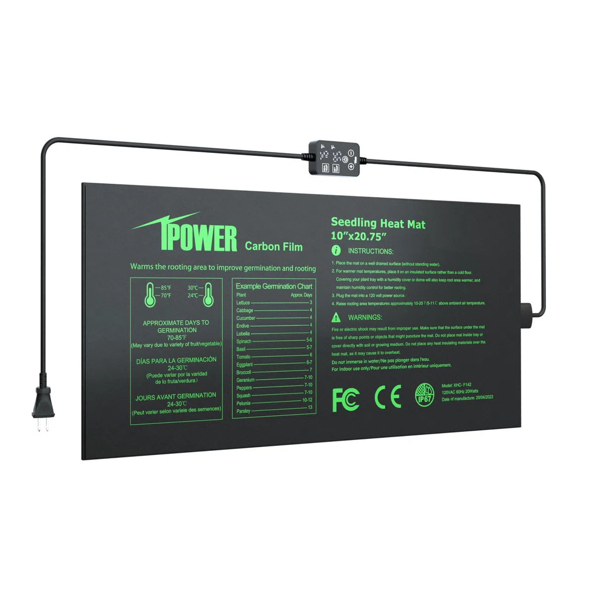 iPower Tapete para plántulas para Plantas con Controlador de Temperatura Digital Dual, 10 x 20.7 Pulgadas, Color Negro