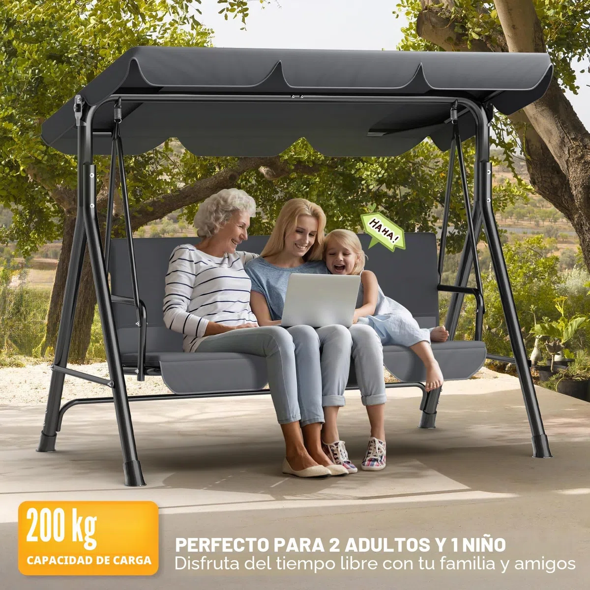 Balancín de Jardín de 3 Plazas con Toldo Ajustable para Exteriores, Columpio con Patas Antideslizantes, Banco Soporta Hasta 200 kg, Tumbona para Terraza, Color