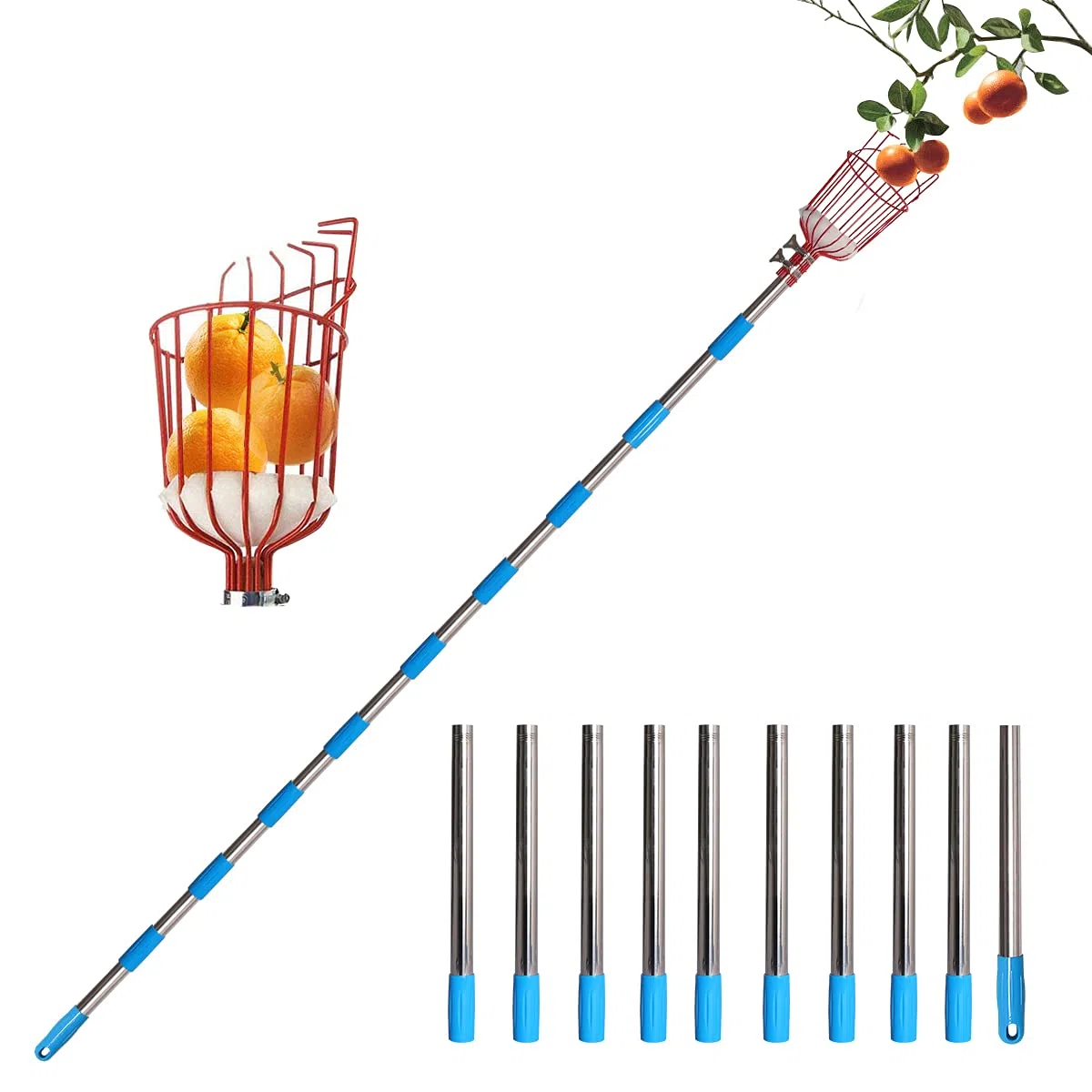 Recogedor de fruta Palo Para Recoger Frutas con 4M Poste de extensión Recogefrutas Pinzas extensibles para jardinería con Cesta picadora de Frutas con Barra telescópica de Aluminio Ligero Y bolsa
