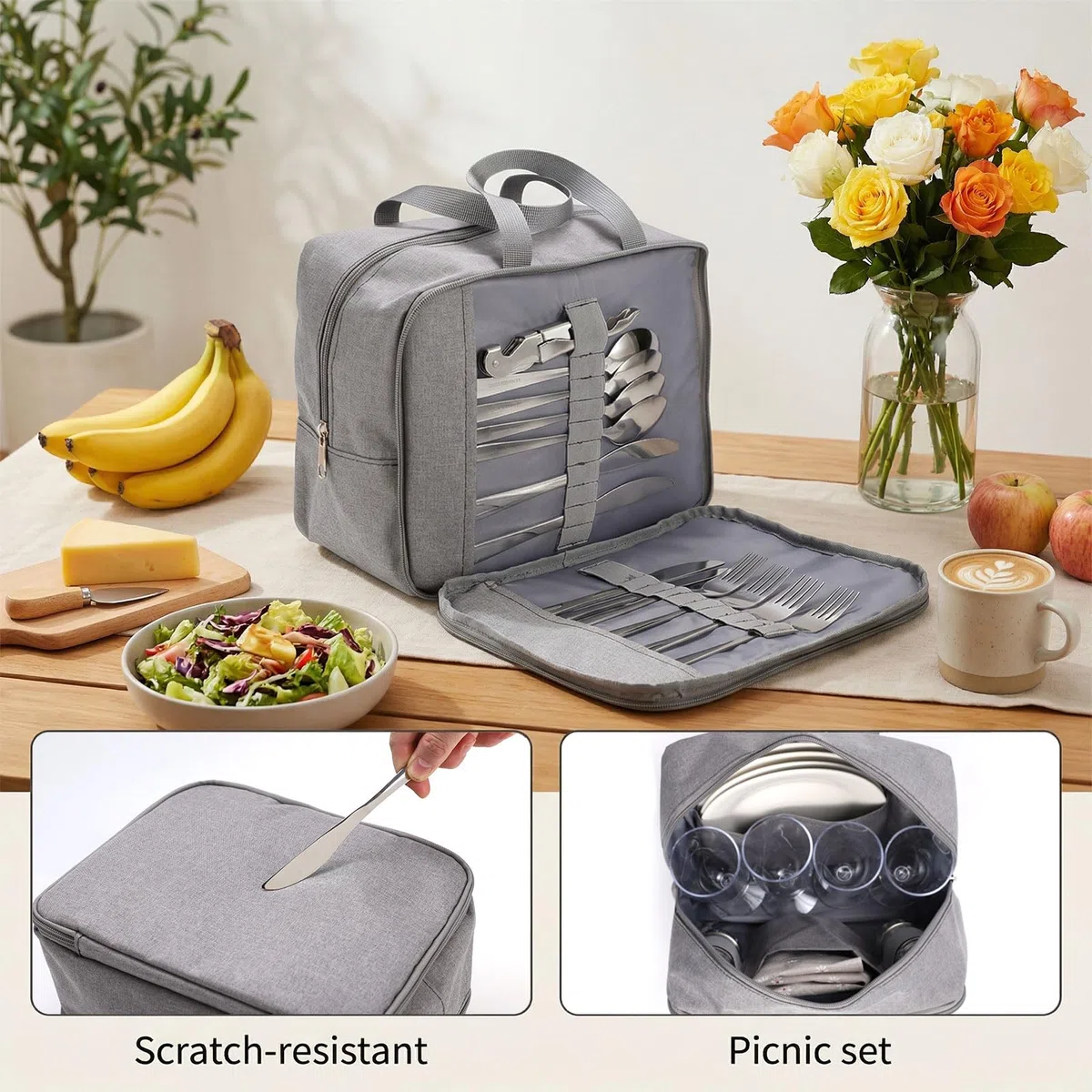 Juego de cesta de picnic de mimbre para 4 personas con mesa desmontable, bolsa de utensilios, forro aislante y manta impermeable, cesta de picnic de sauce para camping, al aire libre, parejas, regalos