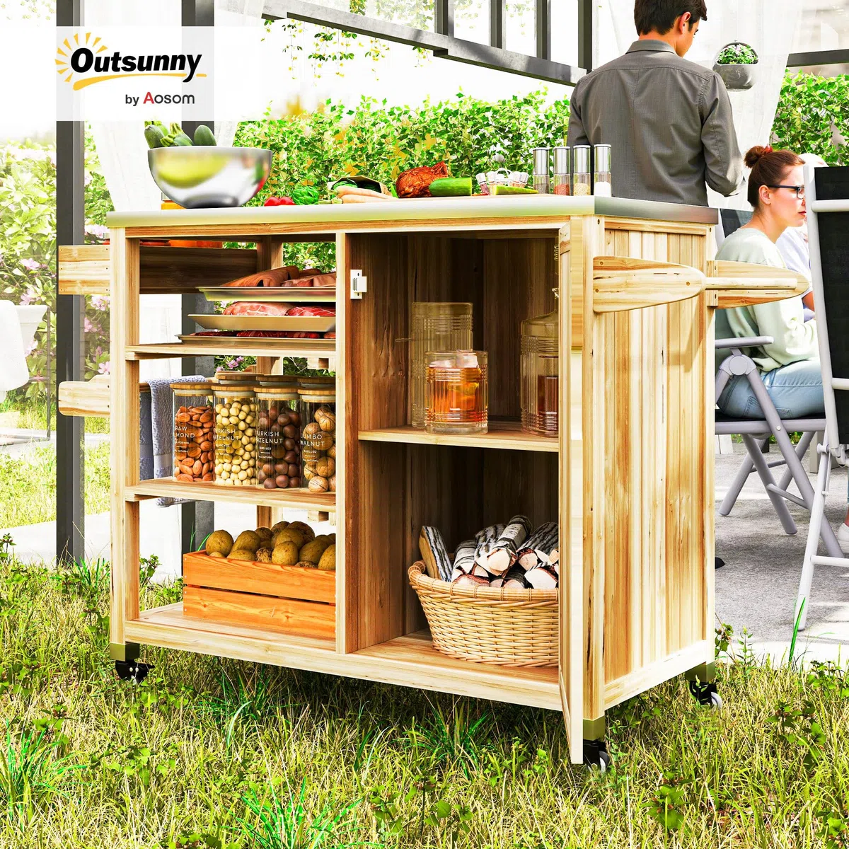 Outsunny Carrito de Parrilla Carrito de Barbacoa con 4 Ruedas Carro de Servicio de Madera Encimera de Acero Inoxidable Toallero y Especiero Estantes Armario para Patio Jardín 134,5x50x91,5 cm Natural