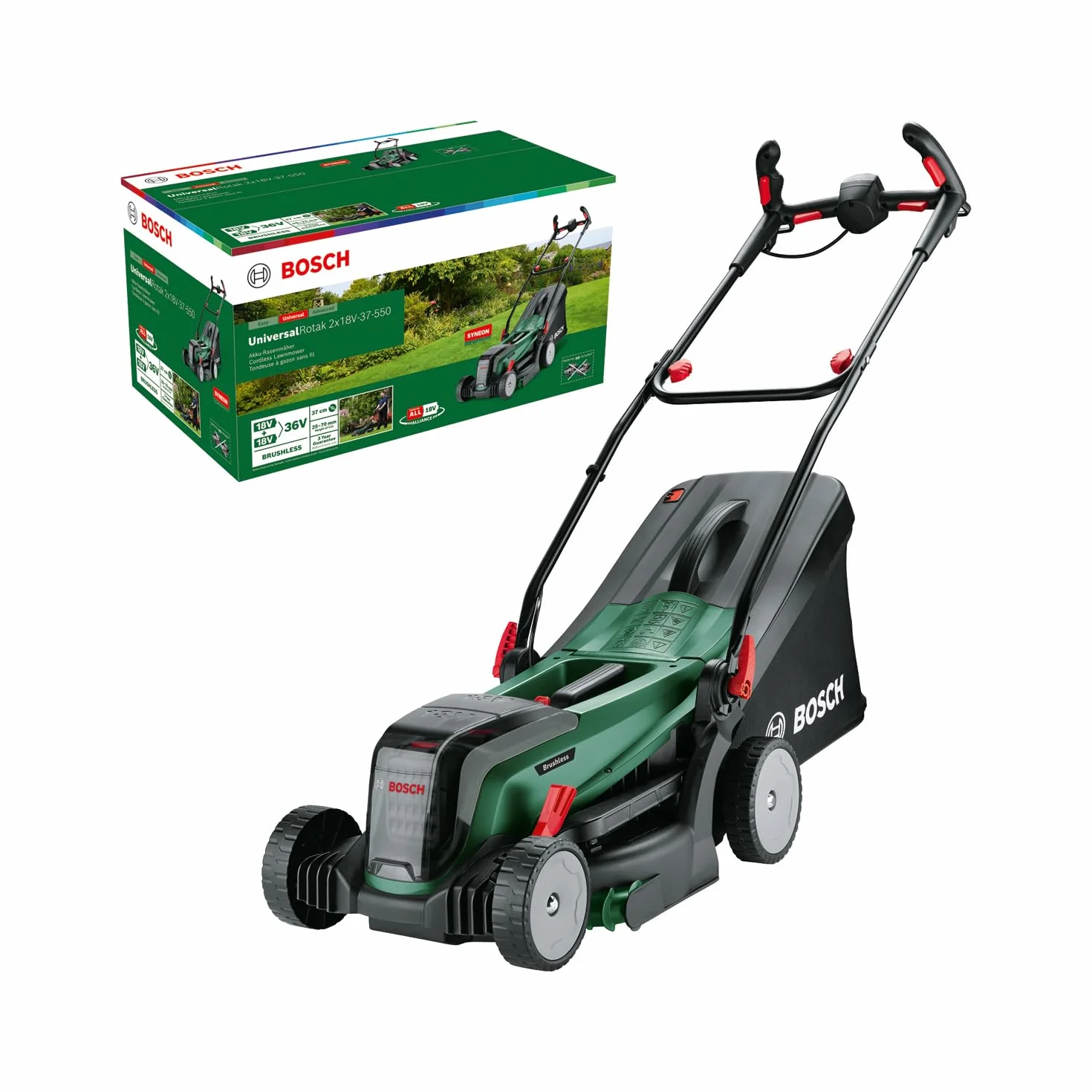 Bosch cortacésped con batería UniversalRotak 2x18V-37-550 (hasta 500 m2 con 2 baterías de 4 Ah; sistema de 18 voltios; anchura de corte: 37 cm; sin baterías)