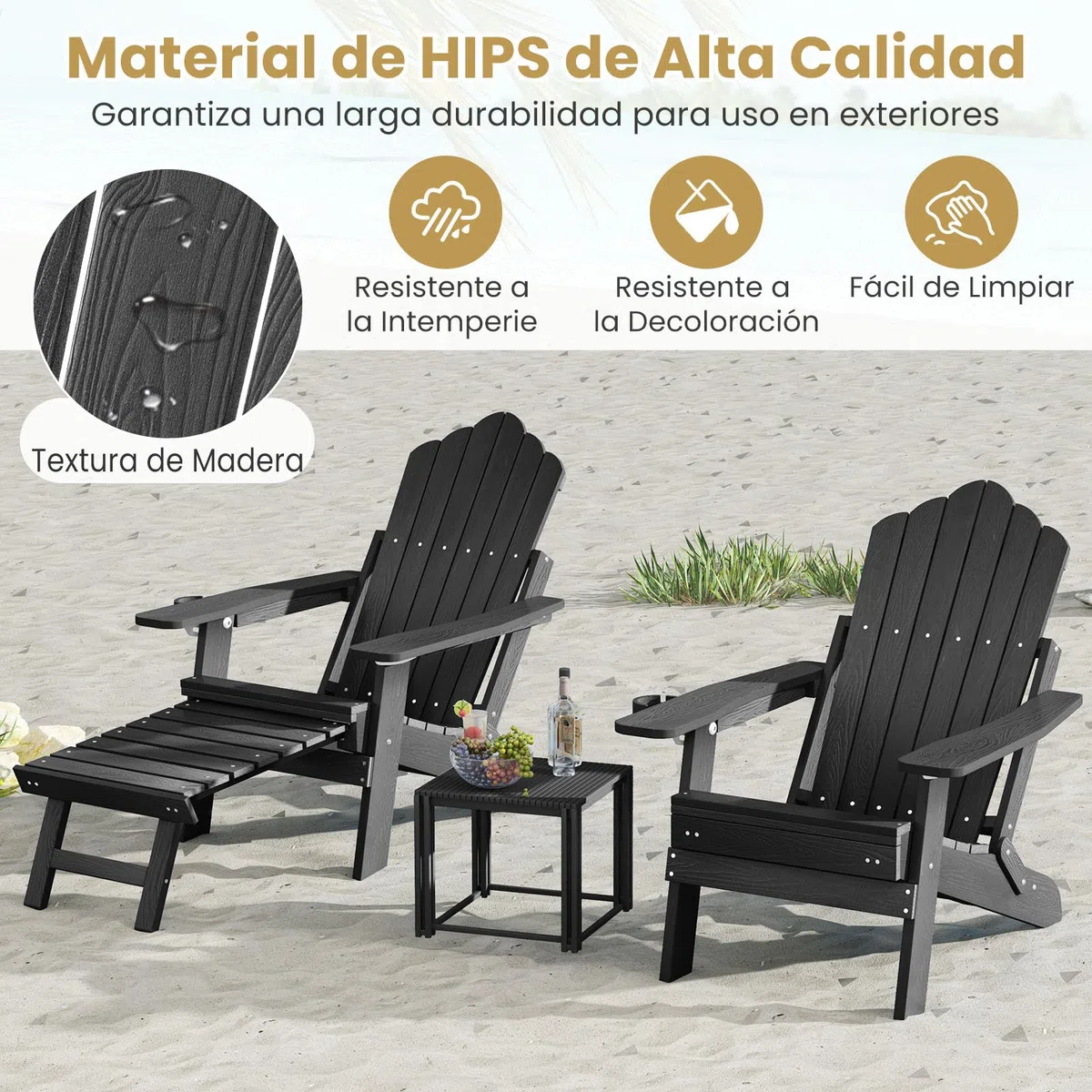 GIANTEX Silla Adirondack Plegable con Reposapiés Retráctil, Tumbona de Hips con Respaldo Ajustable y Portavasos, Carga hasta 180 kg, Silla de Relax para Jardín, Balcón, Patio (Negro)