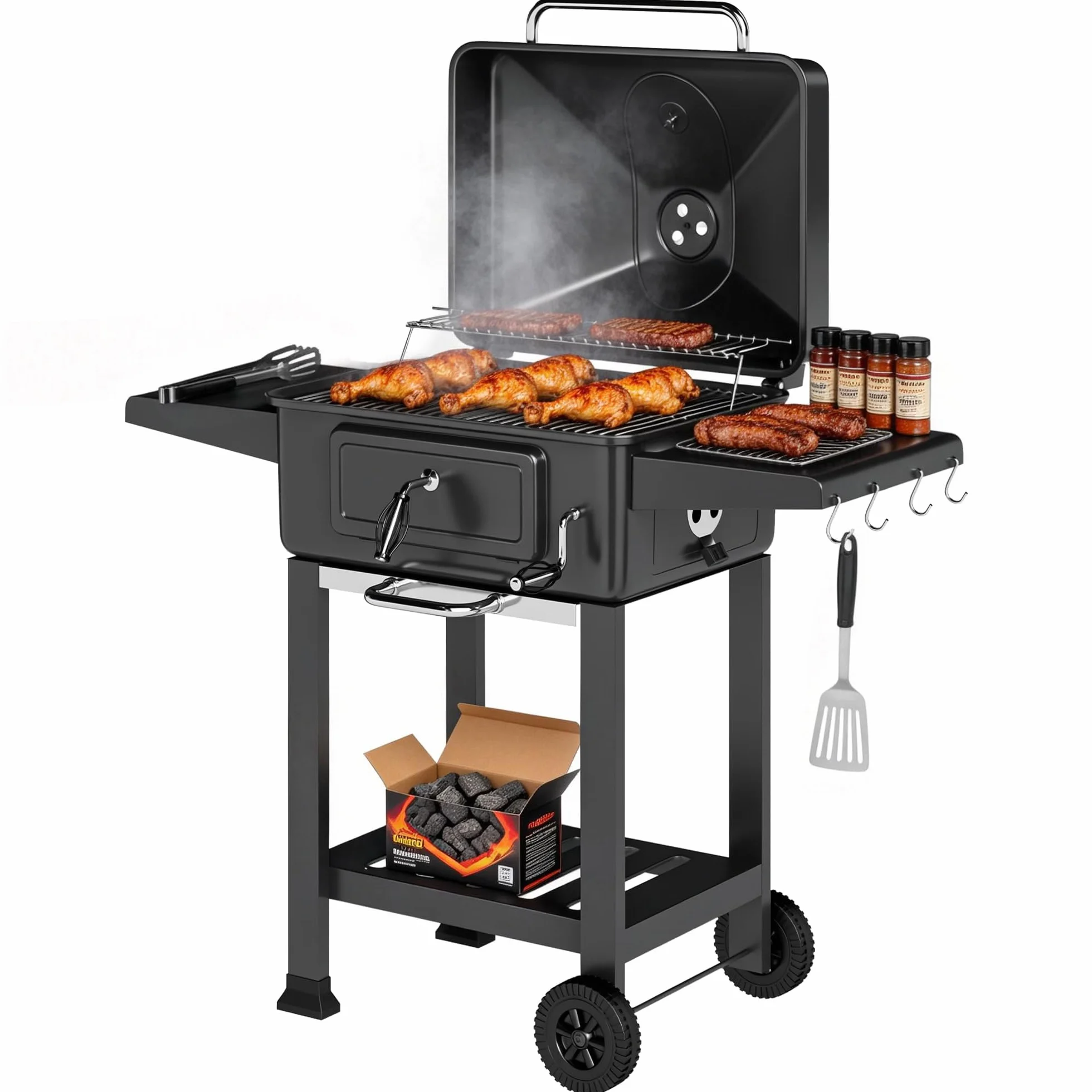 Outsunny Barbacoa de Carbón Portátil, Barbacoa de Carbón Móvil con Bandeja y Ventilación Ajustable, Estantes Laterales, Termómetro, Tapa, Cajón de Cenizas, Ruedas, Puerta Frontal, Asa, Negro