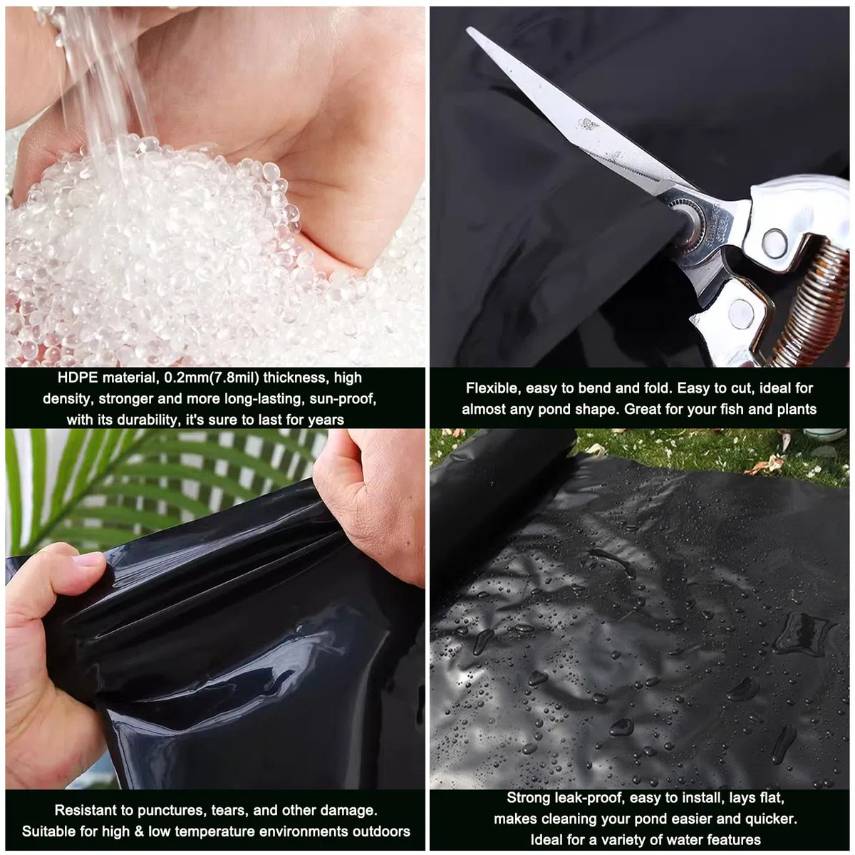 Revestimiento para Estanque de HDPE, Flexible Mallas para Estanque Resistente al Desgarro 0,2mm Lona para Estanques de Jardín, Koi y Piscinas de Peces(Size:8x8m,Color:Negro)