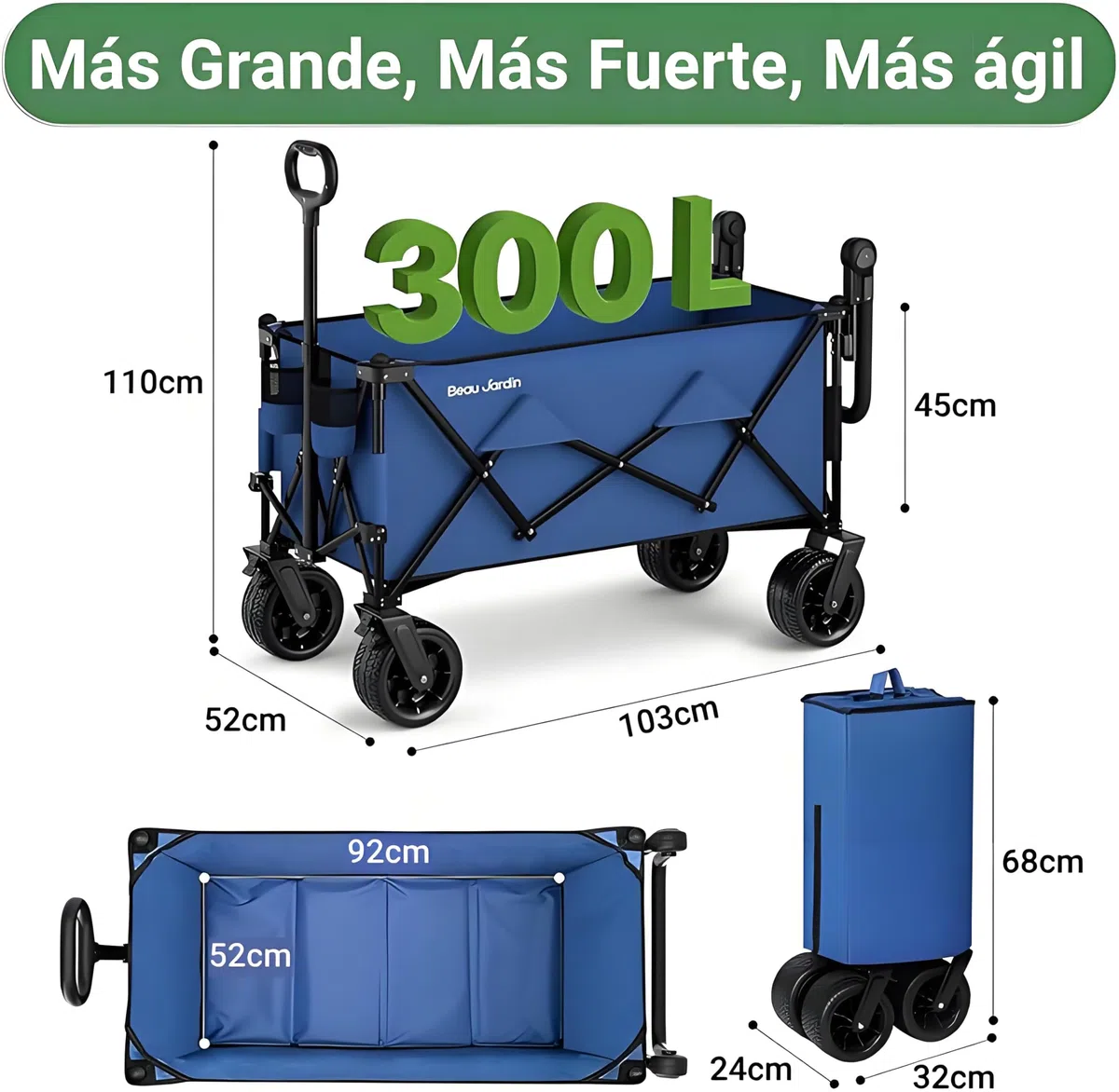 BEAU JARDIN XXL Carro Plegable Todo Terreno 300L 250KG con 4 Ruedas Giratorias, Carrito de Playa y Camping con Asa Retráctil, Azul