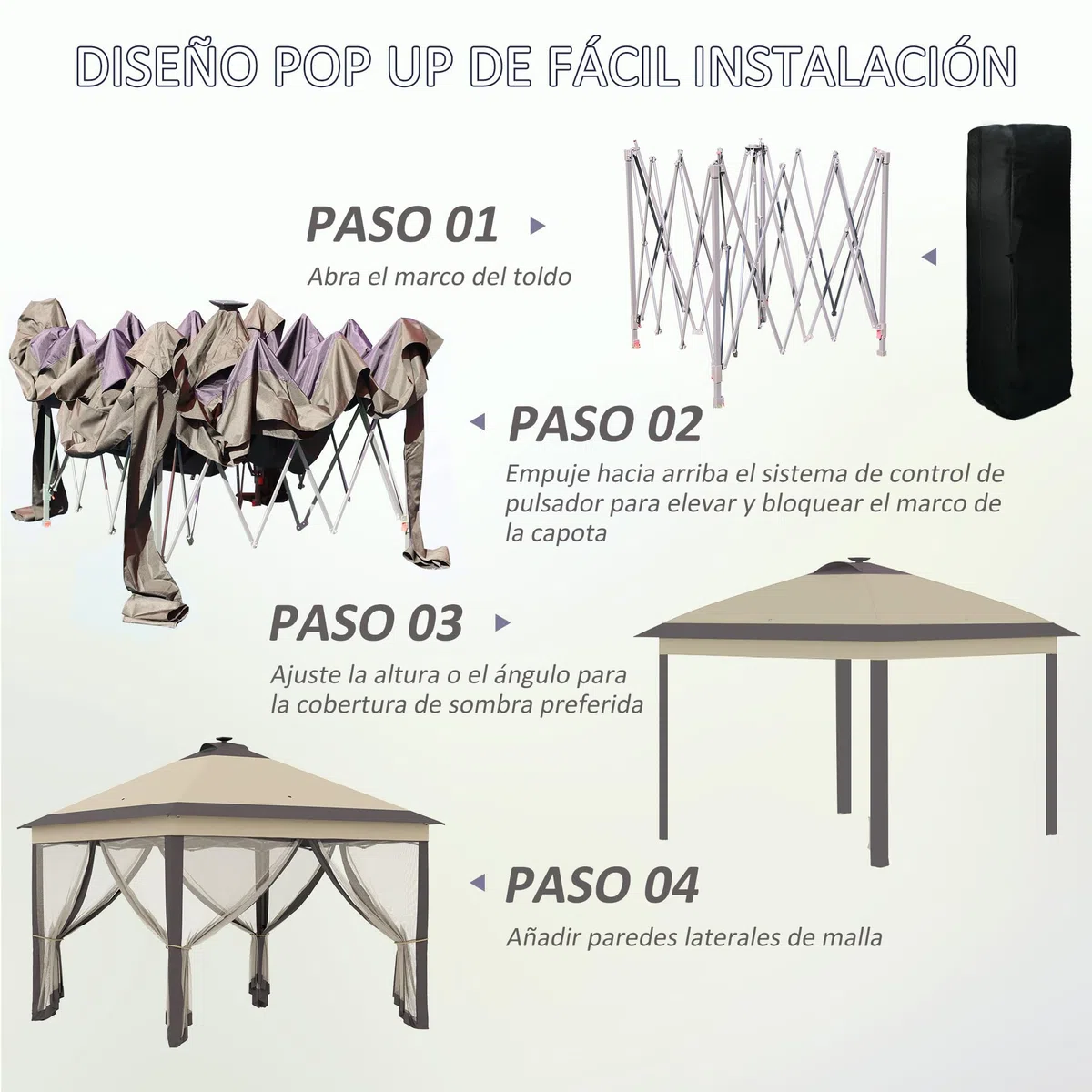 Outsunny Carpa Plegable con Luces LED 3,3x3,3 m Cenador de Jardín con Control Remoto 4 Paredes Laterales de Malla Altura Ajustable y Bolsa de Transporte para Patio Fiestas Beige