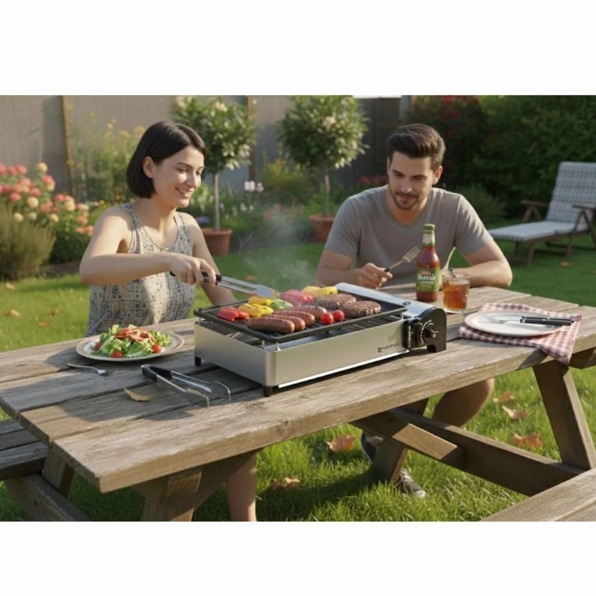 Kemper barbacoa de Gas, portátil, 1,9 kW, rejilla antiAdherente + 4 cartuchos de gas para acampada