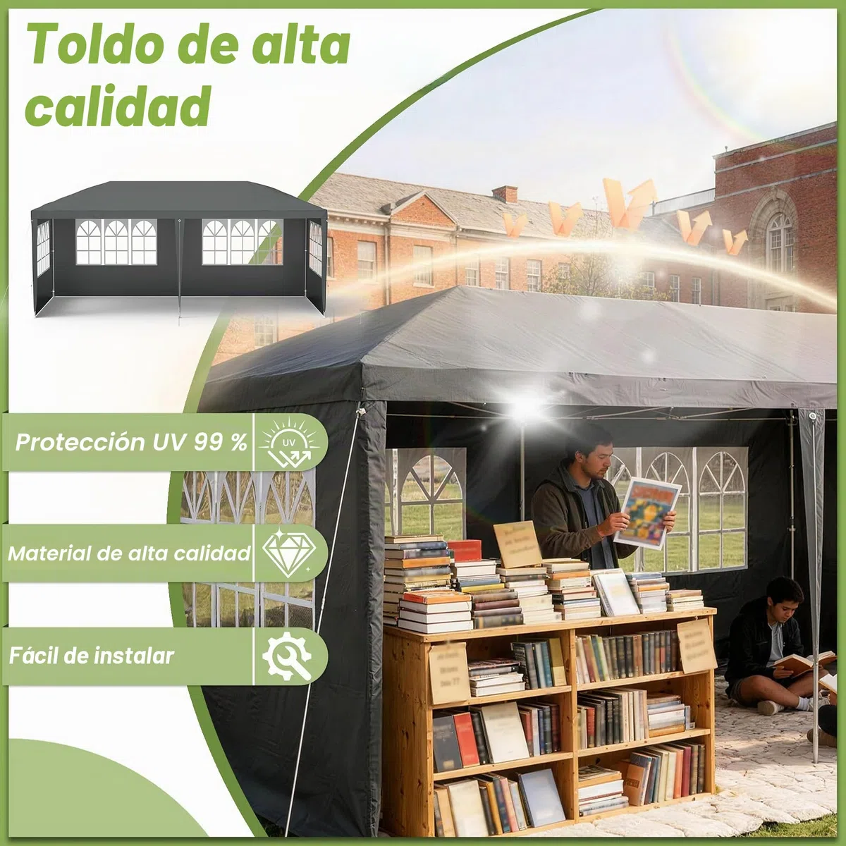 Aufun Carpa para fiestas, 3 x 6 m, resistente al agua, para jardín, exterior, protección UV, con 6 paredes laterales extraíbles y techo, resistente al invierno, camping, color antracita