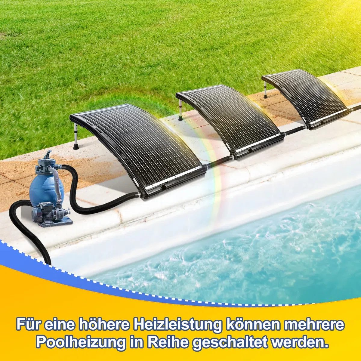 Herrselsam Calefacción solar para piscina 3 juegos, calefacción solar piscina 113 x 69 x 35 cm, panel solar conexión de piscina Ø 32 – 40 mm, altura regulable piscina calentadores solares para piscina