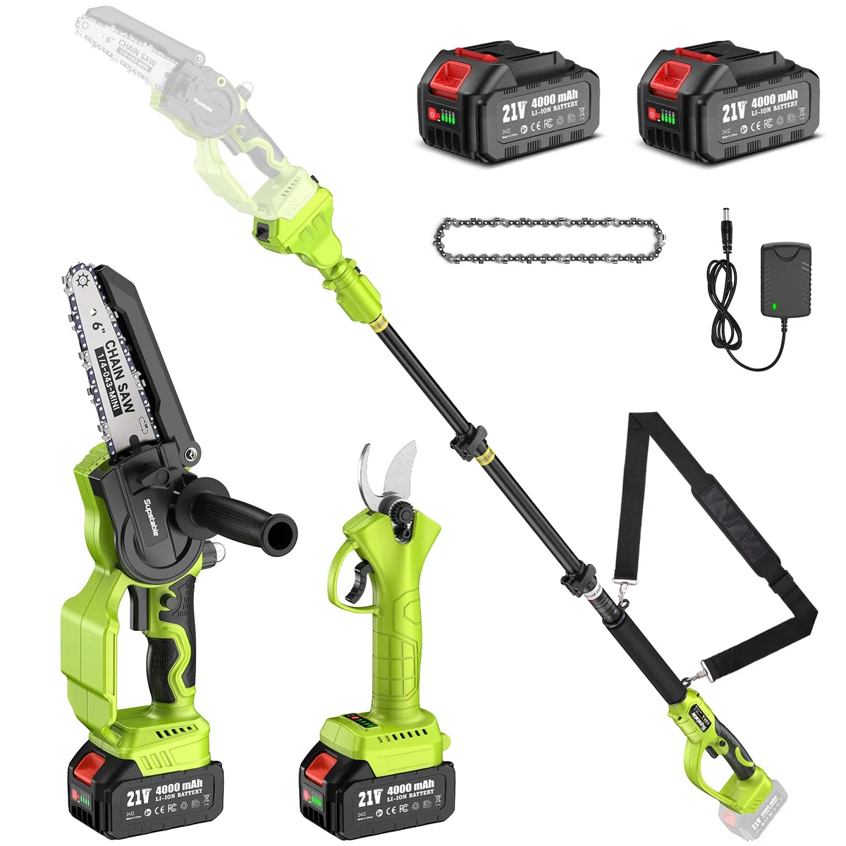 Supstable Mini Motosierra Telescopica 6 Pulgadas & Tijeras de Podar Eléctricas 33mm, 4 en 1 Kit de Herramientas con 8000 mAh Baterías, Alcance hasta 4,8 m, Tensión y Cambio de Cadena sin Herramientas