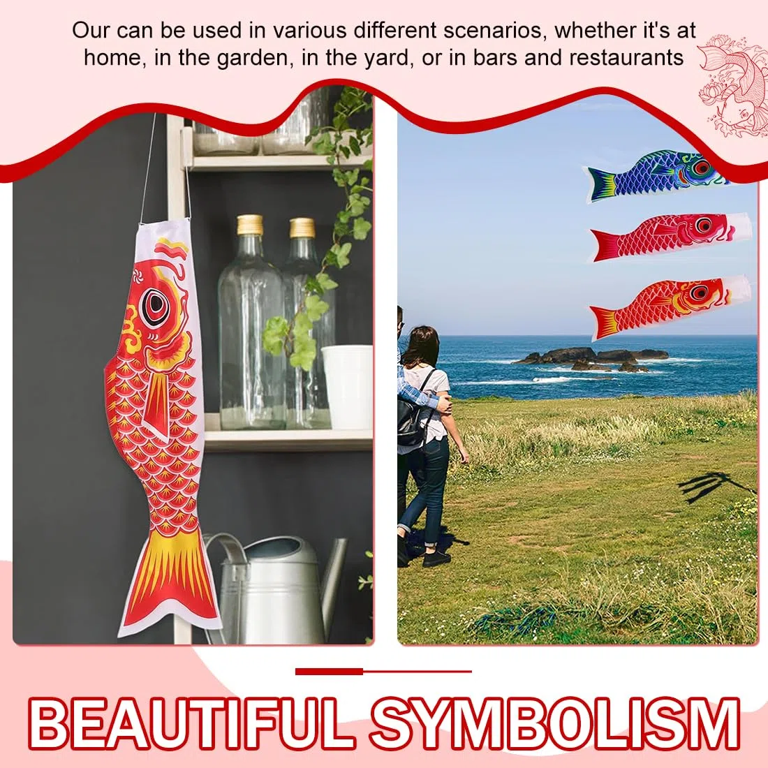 1 paquete de 70 cm de manga de viento de carpa colorida para jardín, serpentina de carpa de molino de viento, decoración colgante de paraguas, serpentina de carpa, bandera de jardín japonesa (rojo)
