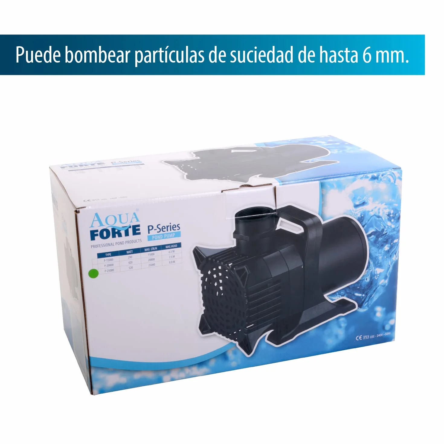 Bomba de estanque AquaForte P-20.000, 420 vatios, caudal máximo de 20 m3/hora, altura máxima de 7,5 metros, altura extra fuerte, descarga de partículas de residuos sólidos de hasta 6 milímetros