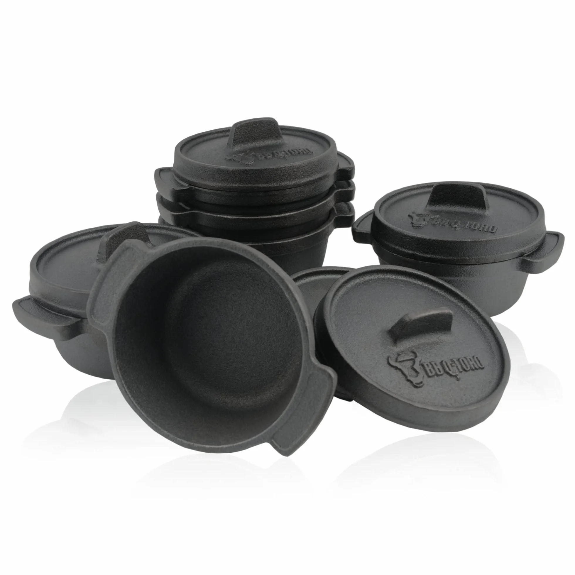BBQ-Toro Mini Dutch Oven Set de Hierro Fundido | 6 Piezas | Ø 11 cm | Curada - pre-Seasoned | Ollas para Servir | Olla Pequeña para Cocinar