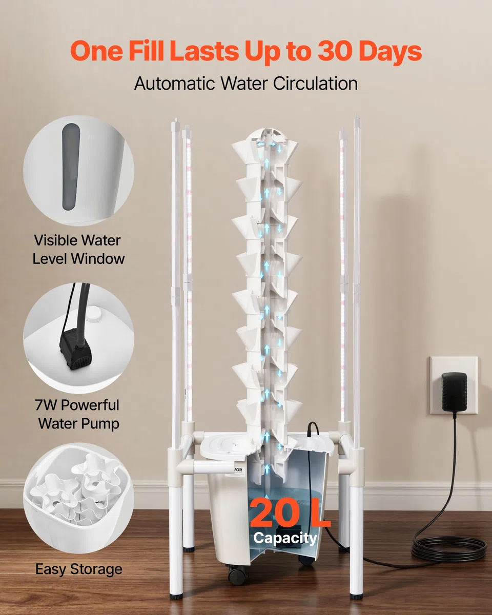 VEVOR Kit de Cultivo Hidropónico, Sistema de Torre Hidropónica de 9 Niveles 45 Agujeros, con Luces de Crecimiento Control por App Ruedas Bomba de Agua, Depósito de 20 L, para Hierbas Frutas Vegetales