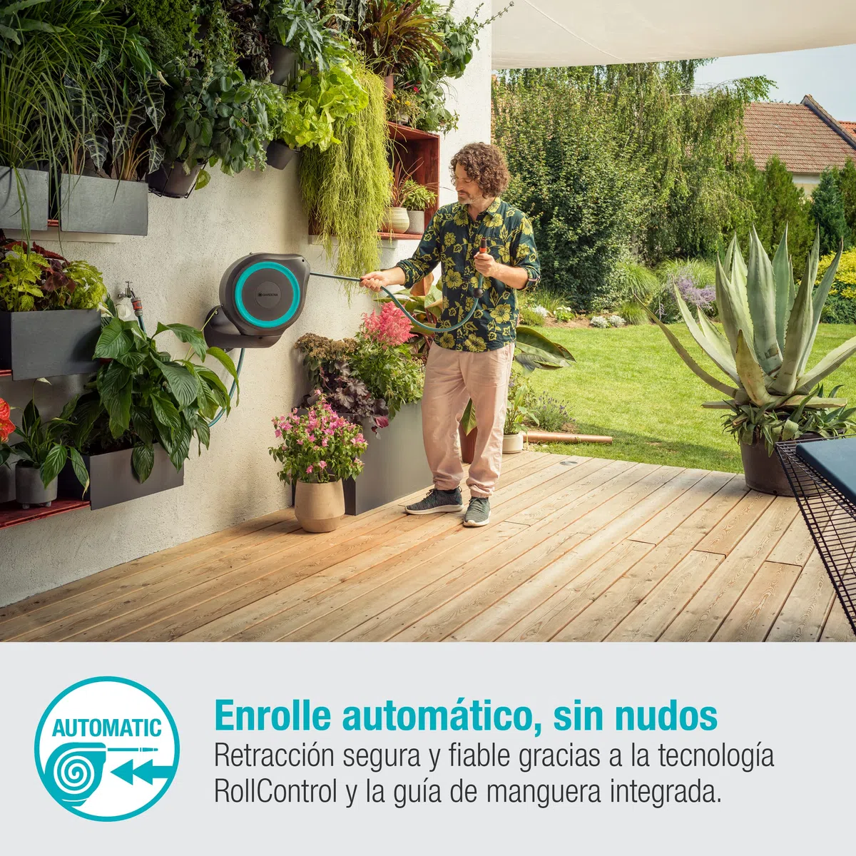 Gardena Carrete de Manguera para Pared Rollup M de 20 M: Riego Flexible Jardines Medianos, Tambor Giratorio, Soporte de Pared, Piezas de Sistema y Aspersor, Incluye Gardena Manguera 20 M (18610-20)
