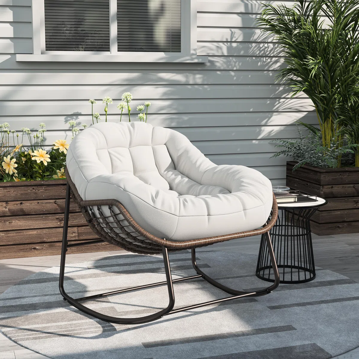 KeepGoon Mecedora de ratán para exteriores con acolchado, estilo escandinavo, silla de lactancia, silla de ocio, silla de ocio, tela impermeable, soporte de acero para salón, dormitorio, patio (beige)