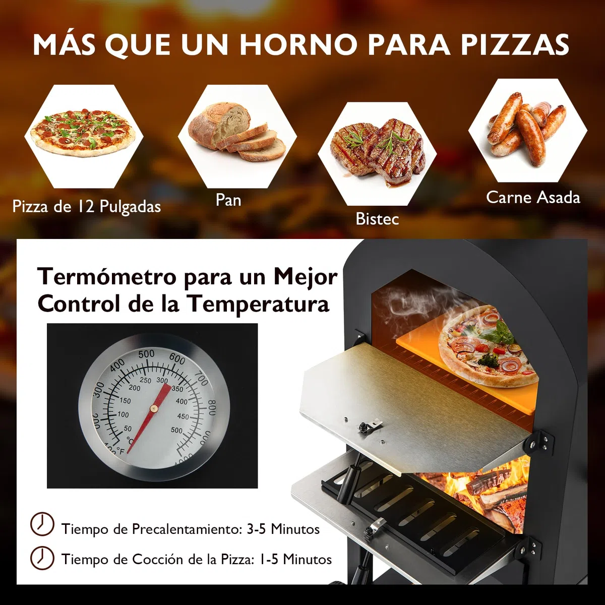 GYMAX Horno para Pizza de Exteriores con Piedra y Pala, Horno de Cocina con Termómetro y Función de Barbacoa, Estufa con Cubierta y 2 Ruedas para Picnic, Fiesta y Camping