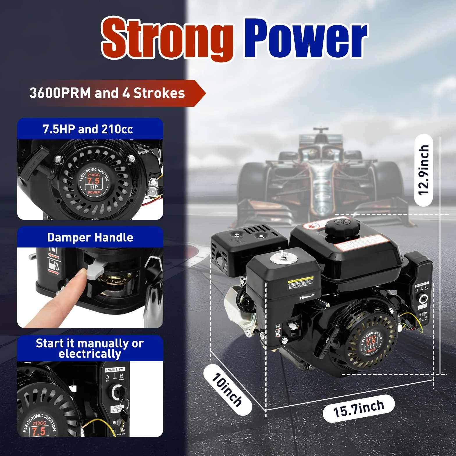 DIFU Motor de gasolina de 7,5 CV con arranque eléctrico | Motor de 4 tiempos Go Kart de 210 cc | Bajo consumo de combustible | Motor de pie con motor de karts de eje 20 mm con función de alarma de