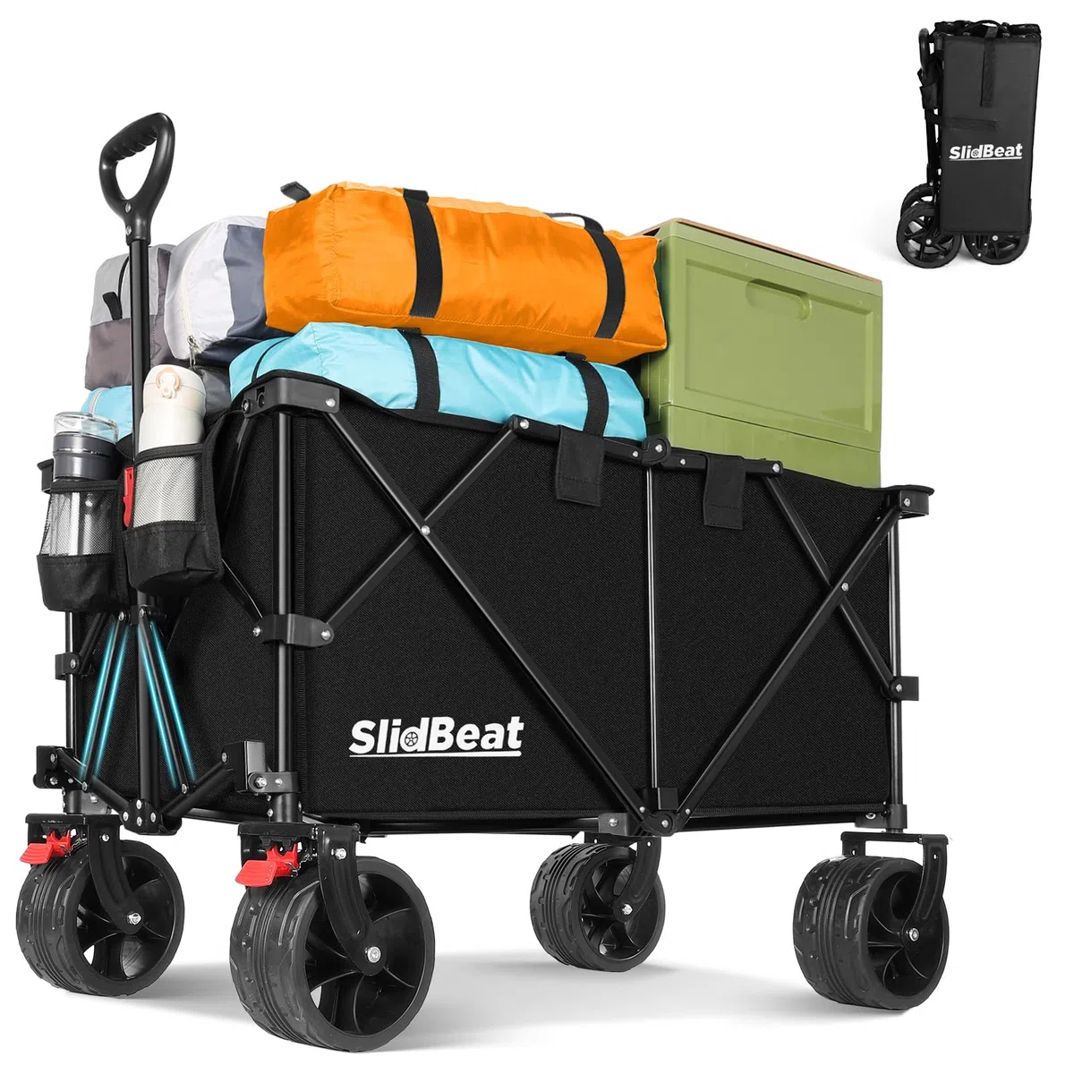 SLIDBEAT Carro de Playa XXL – 220L y 200KG de Capacidad, Carro Plegable con Ruedas Grandes Todo Terreno y Mango Auto-rebotante, Ideal para la Playa, Jardín o Camping, con Frenos de Seguridad