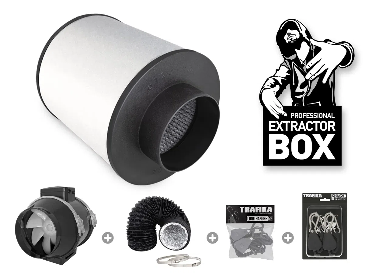 TRAFIKA Kit Extractor Cultivo 100mm/250m3h Filtro CARBÓN+Extractor DE Aire TT100 (2 velocidades)+5M COMBIDUCT+LIGHTHANGERS (5KG)+POLEAS (64KG) / Kit EXTRACCIÓN Cultivo/Extractor Aire Cultivo