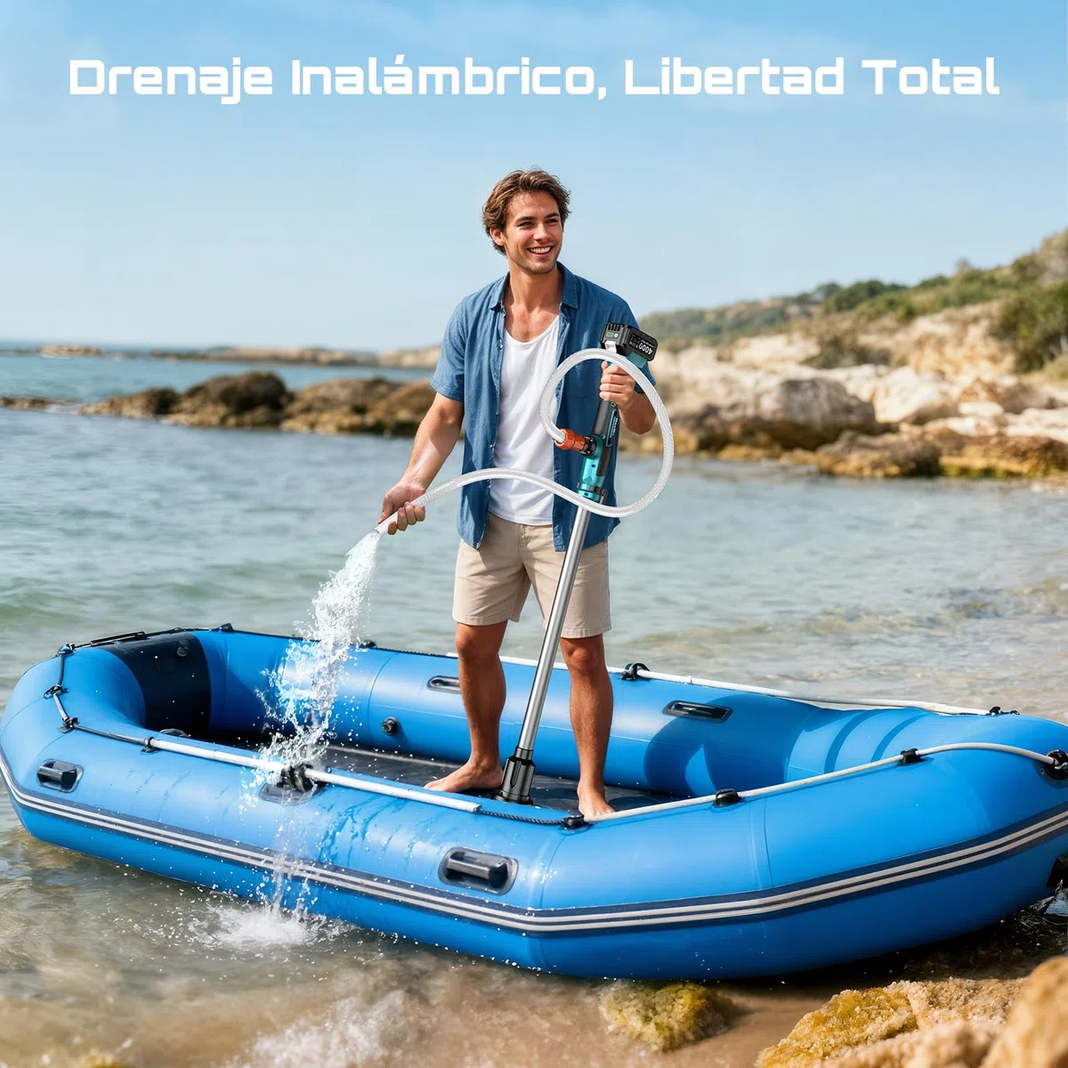 SEESII Bomba de agua inalámbrica en bastón, batería 4000 mAh 21V, 720 GPH, elevación 32 pies, salida 3/4". Ideal para drenaje de piscinas, jardines, estanques, RV y barcos. Ligera y portátil