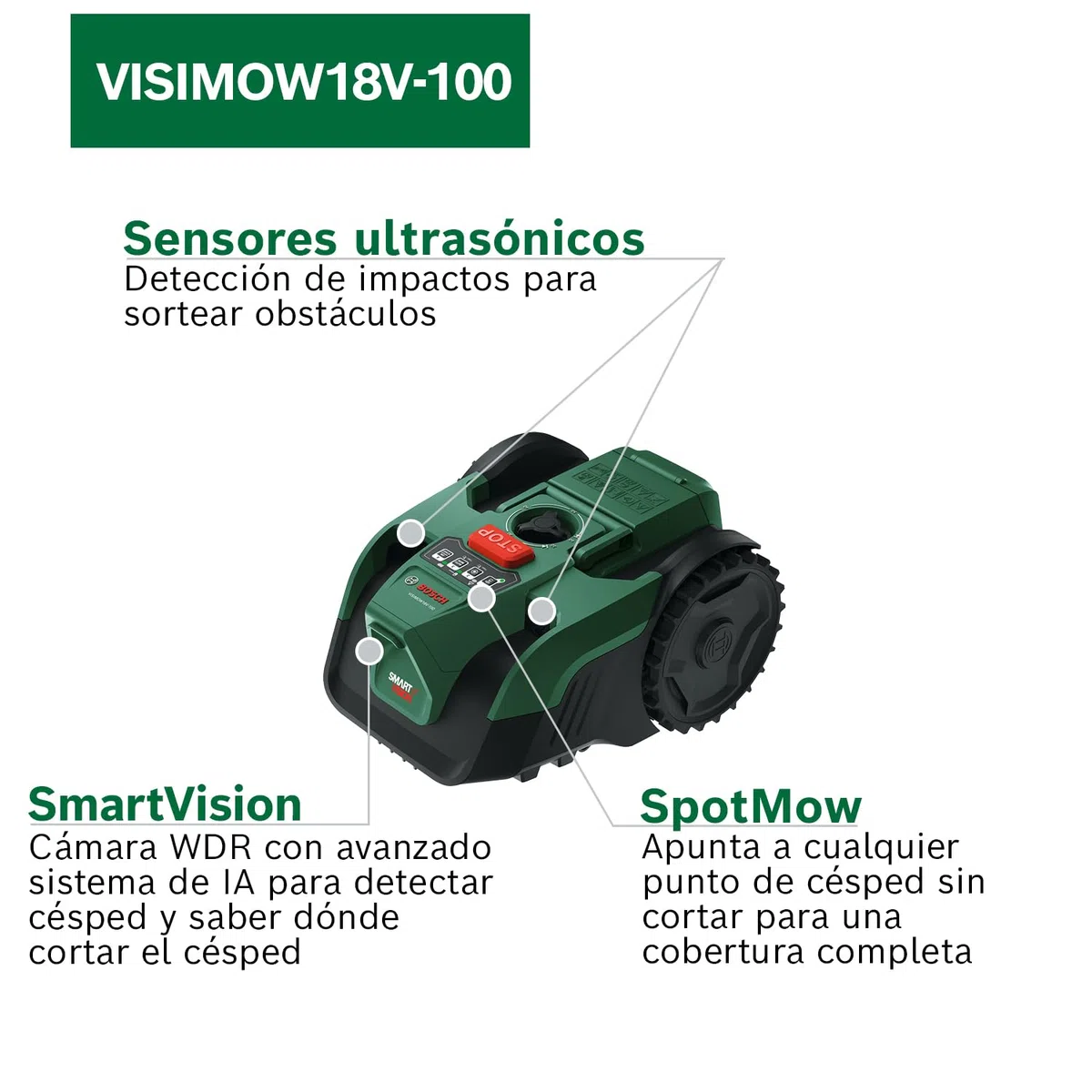 Robot cortacésped a batería VISIMOW18V-100 de Bosch (para césped de hasta 100 m², anchura de corte: 16 cm, altura de corte: 20-60 mm, sin batería)