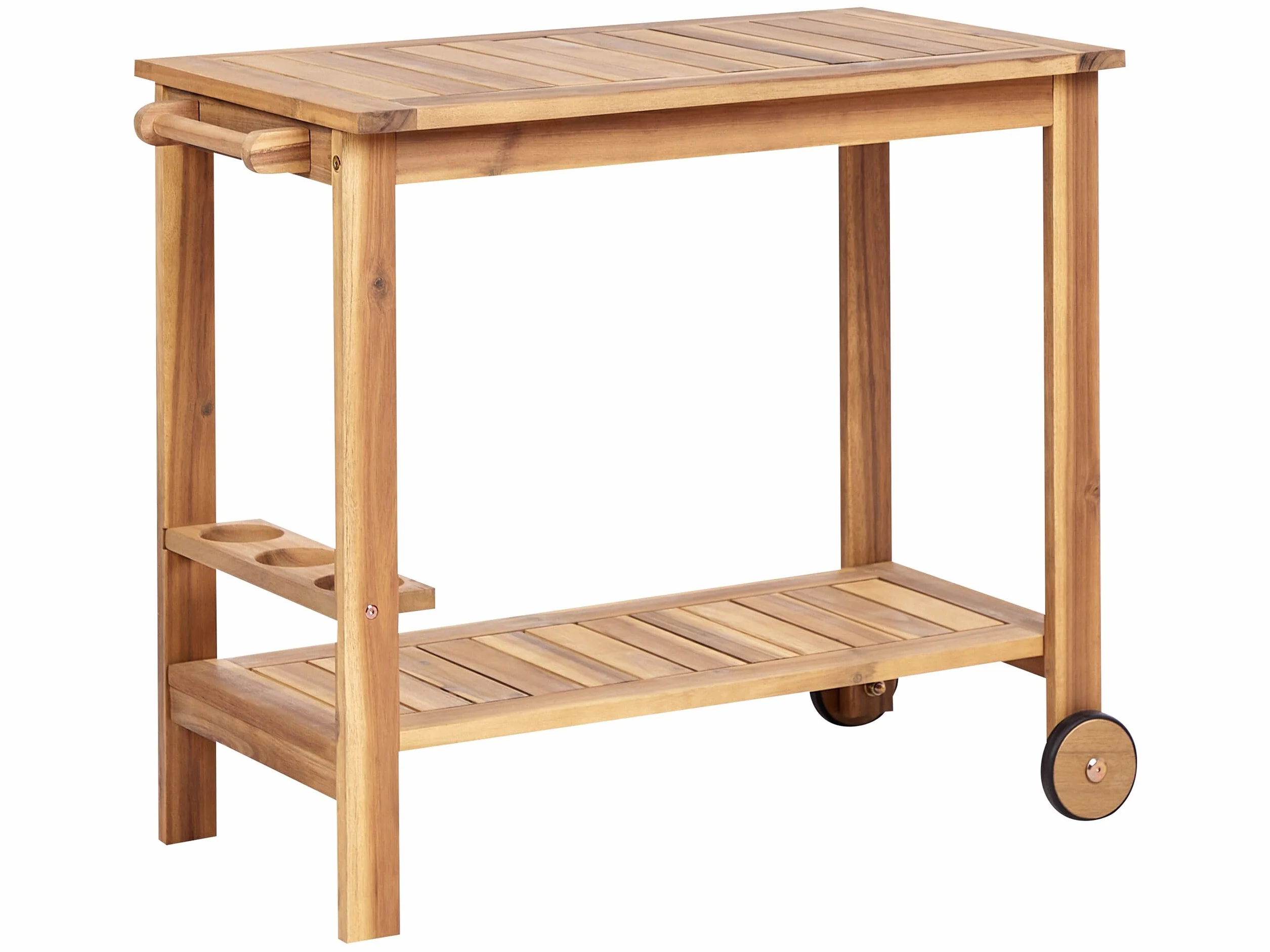 Beliani Carrito de Servicio de jardín Carrito de té con Ruedas de 2 Niveles de Madera de Acacia certificada con Soporte para Botellas marrón Claro Sassari II