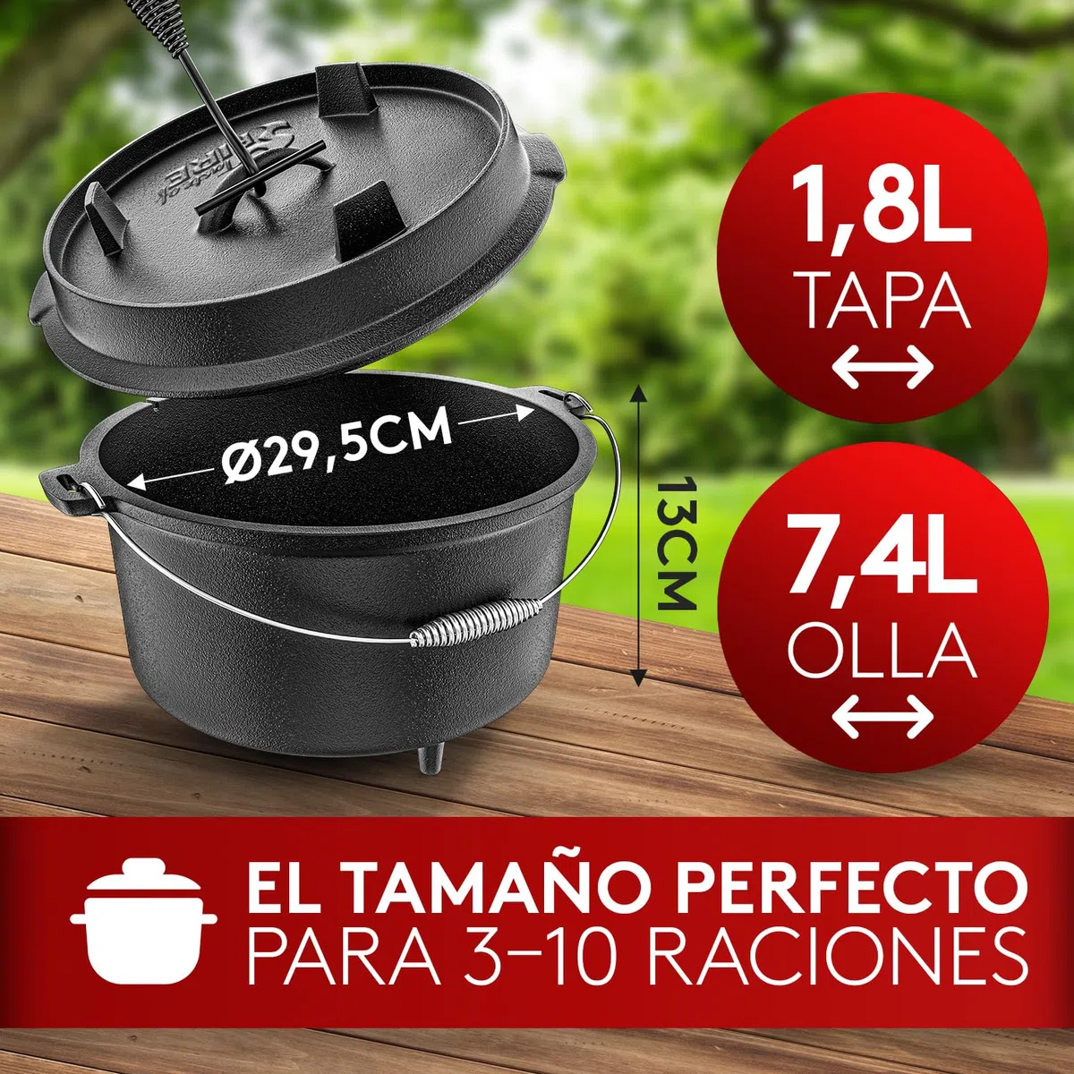 aste of Fire [El Original] - Horno Holandés de Hierro Fundido 7,4L con Patas y Tapa de 1,8L con Doble Función como Sartén Parrilla – Incl. Levantador de Tapa