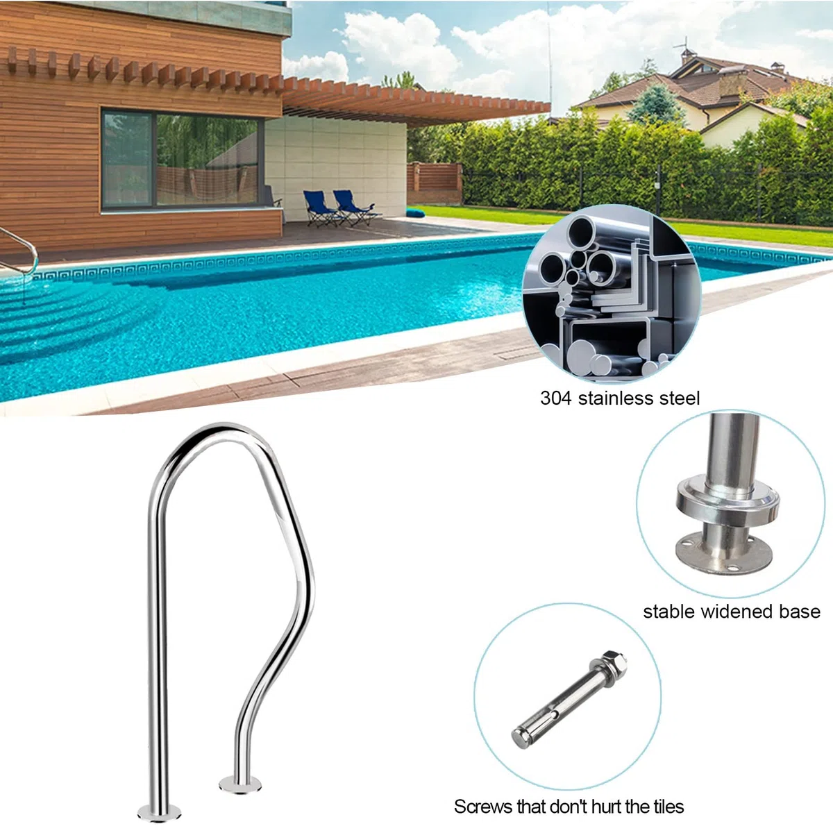 Pasamanos de Piscina 80 x 47 cm Manija de Piscina de Acero Inoxidable, Barra de Apoyo de barandilla de SPA de 3 Arcos, Pasamanos de Piscina Plateado para Piscinas Posiciones inclinadas Parqu