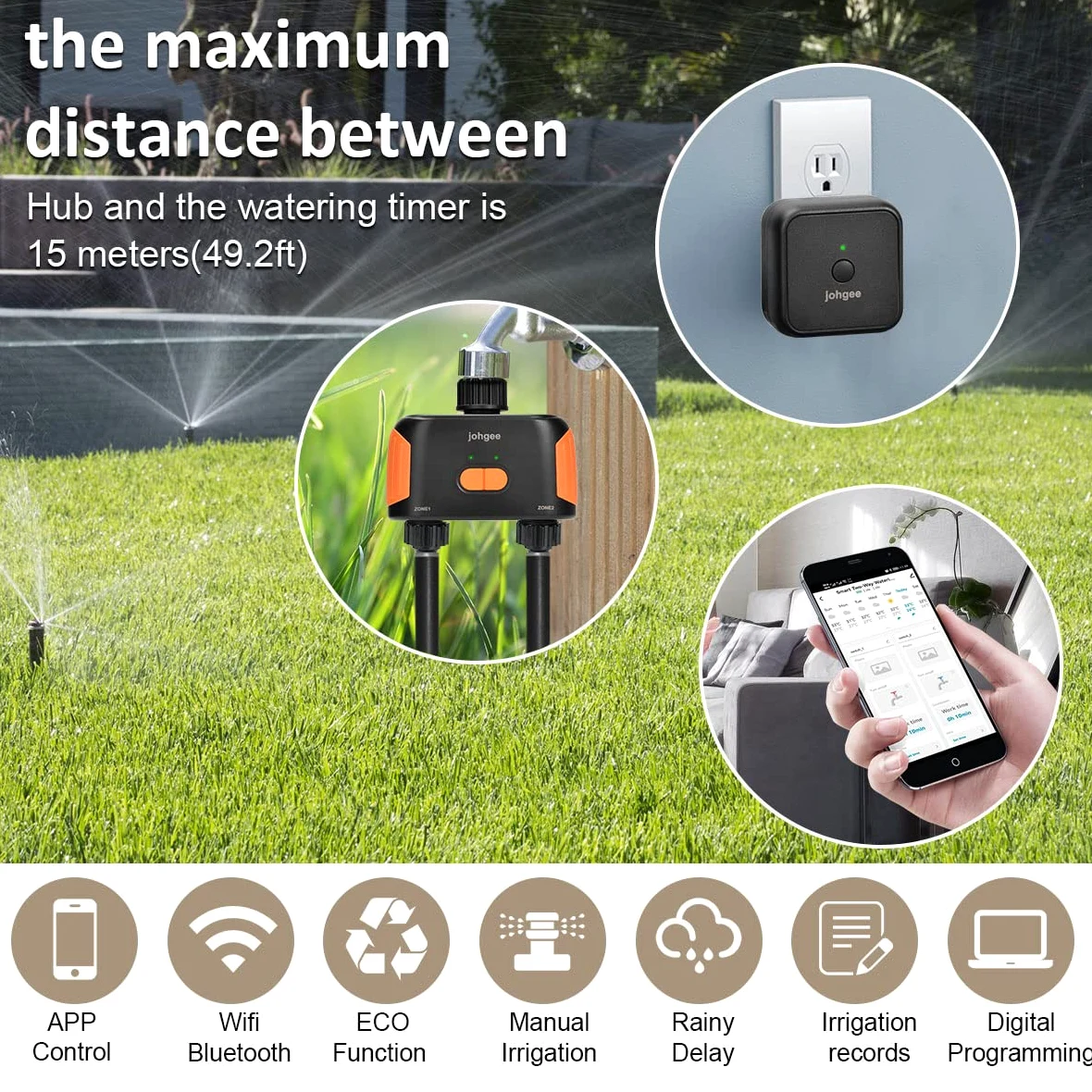 Programador Riego WiFi,Johgee Programador de riego 2 Salidas,Temporizador de Riego para Manguera Bluetooth con Retraso de Lluvia para Grifo de Jardín al Aire Libre, Temporizador de Riego Programable