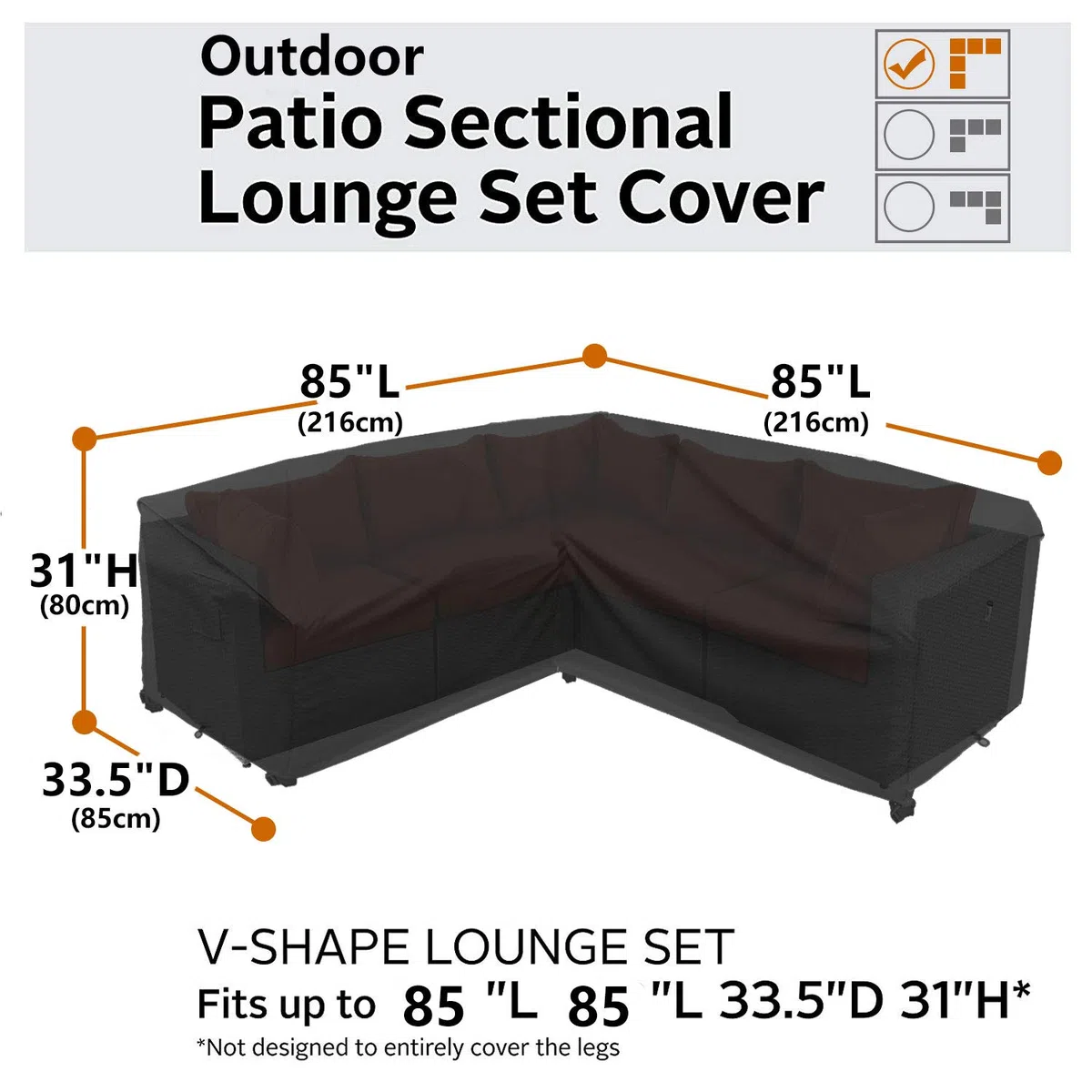 Funda de sofá modular resistente para exteriores, 216 x 216 cm, impermeable, 100% 600D, funda para sofá modular de patio, funda para muebles de patio (forma de V, 216 x 216 cm, color negro)