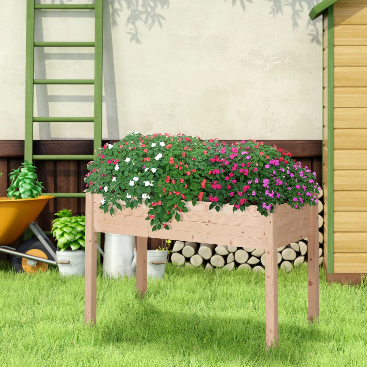Outsunny Huerto Urbano Elevado de Madera, Mesa de Cultivo con Tela no Tejida y 4 Orificios de Drenaje, para Cultivo, Plantas, Flores y Verduras, 122,5x56,5x76 cm, Natural