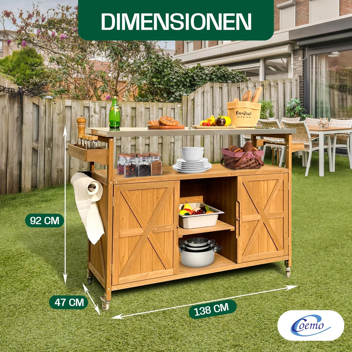 Coemo James - Carrito de cocina con ruedas (madera, tapa de acero inoxidable, isla de cocina con puertas, toallero, armario de cocina, con ruedas, 138 x 47 x 92 cm)