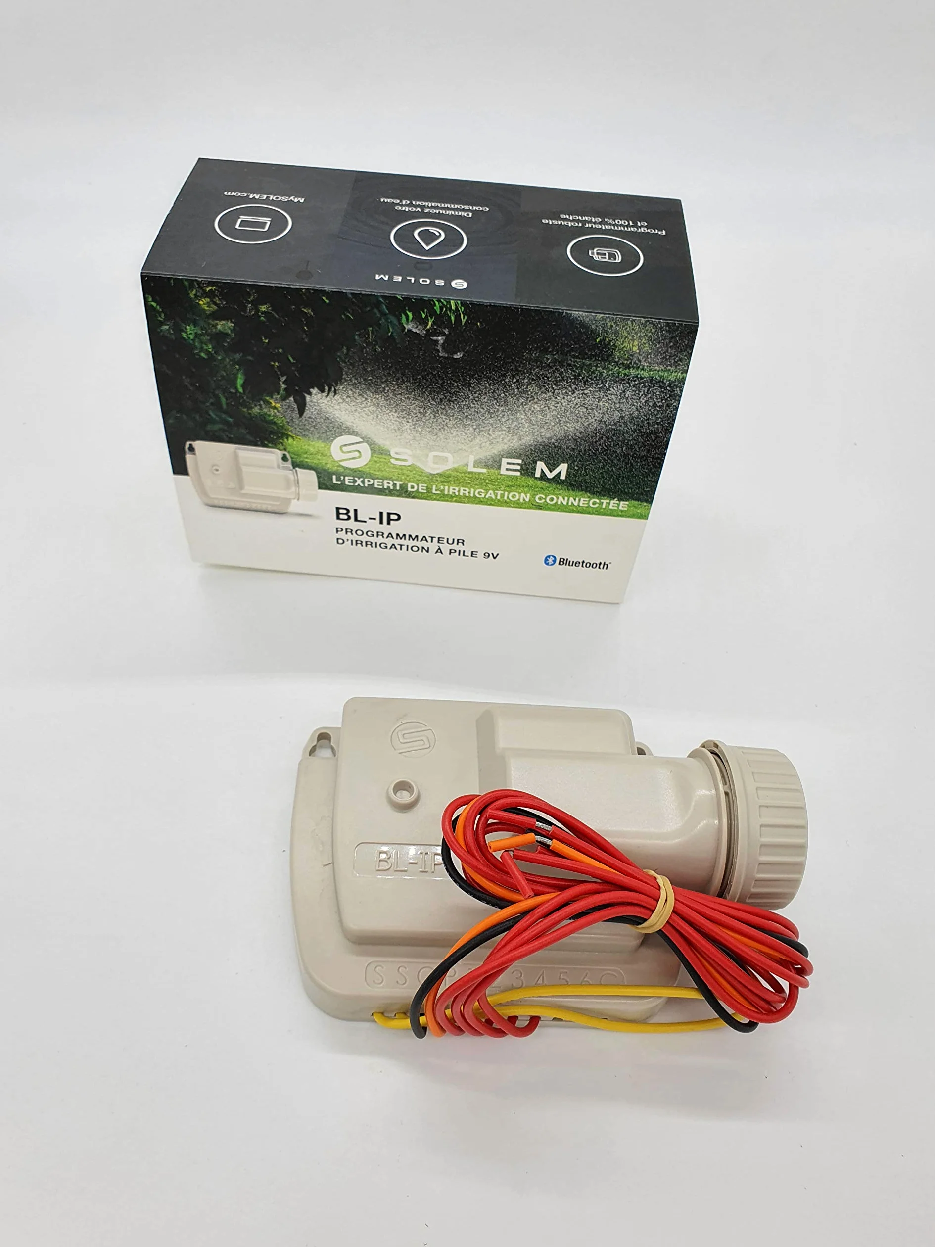 Programador de riego a pilas 9V modelo BL IP4, con conexión Bluetooth de alcance hasta 10 metros, resistente al agua para 4 estaciones, color blanco, 14 x 9 x 5,5 cm (referencia: Solem BL-IP4)