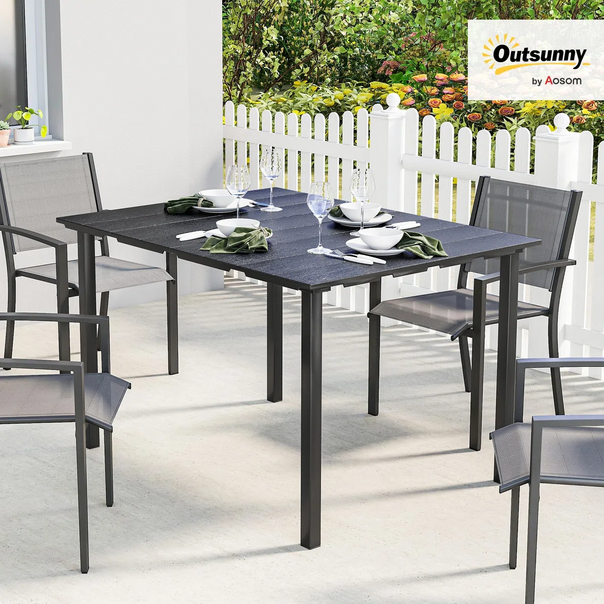 Outsunny Mesa de Comedor de Jardín Rectangular, Mesa de Terraza Exterior 120x90x74 cm, con Encimera de HDPE y Estructura Metálica, para 6 Personas, Carga 50 kg, para Patio, Balcón, Negro